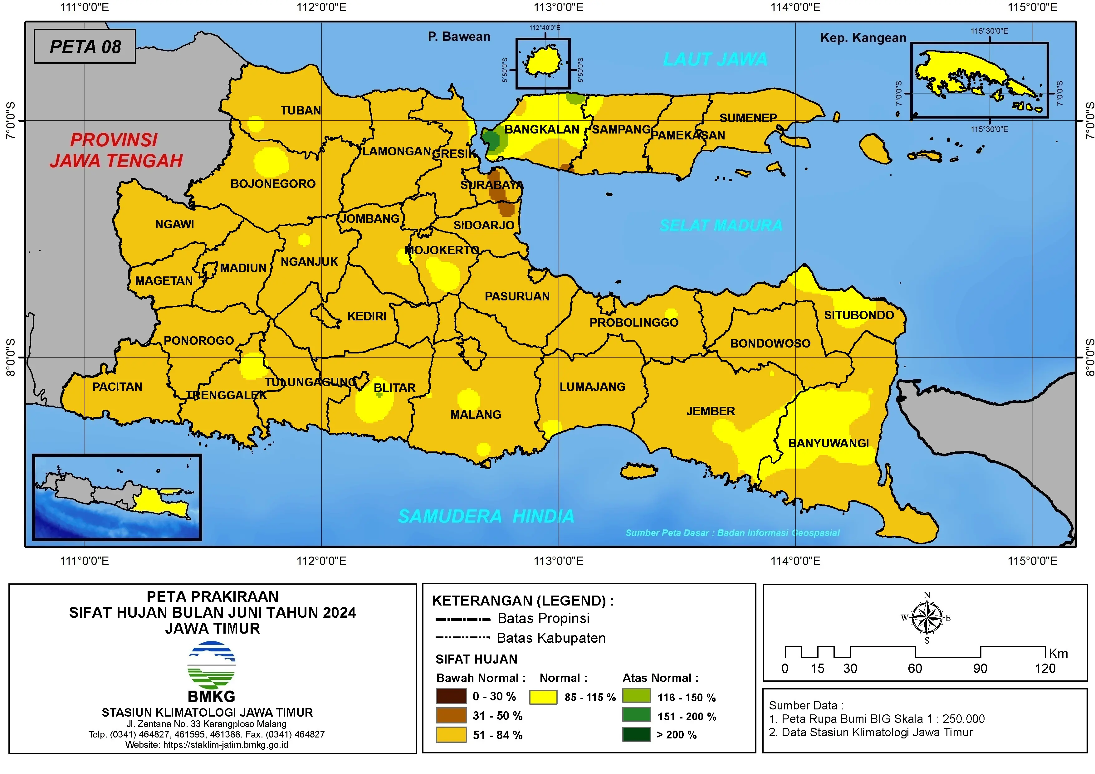 ( Prakiraan - Bulanan ) Sifat Hujan Bulan JUNI Tahun 2024 - Update dari Analisis Bulan Februari Tahun 2024 di Provinsi Jawa Timur