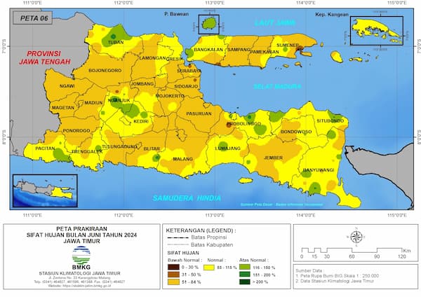( Prakiraan - Bulanan ) Sifat Hujan Bulan JUNI Tahun 2024 - Update dari Analisis Bulan Maret Tahun 2024 di Provinsi Jawa Timur