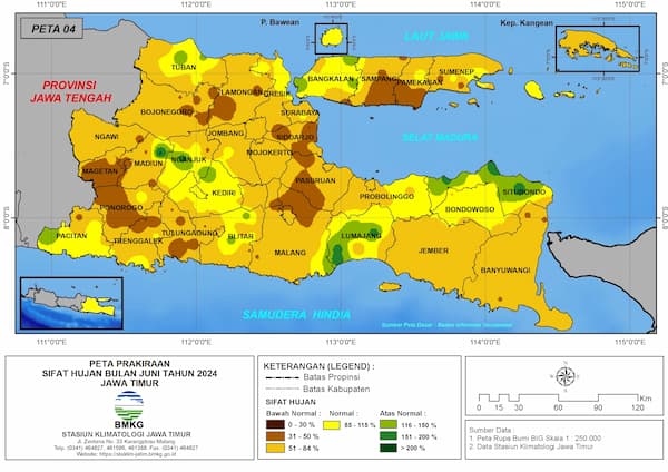 ( Prakiraan - Bulanan ) Sifat Hujan Bulan JUNI Tahun 2024 - Update dari Analisis Bulan April Tahun 2024 di Provinsi Jawa Timur