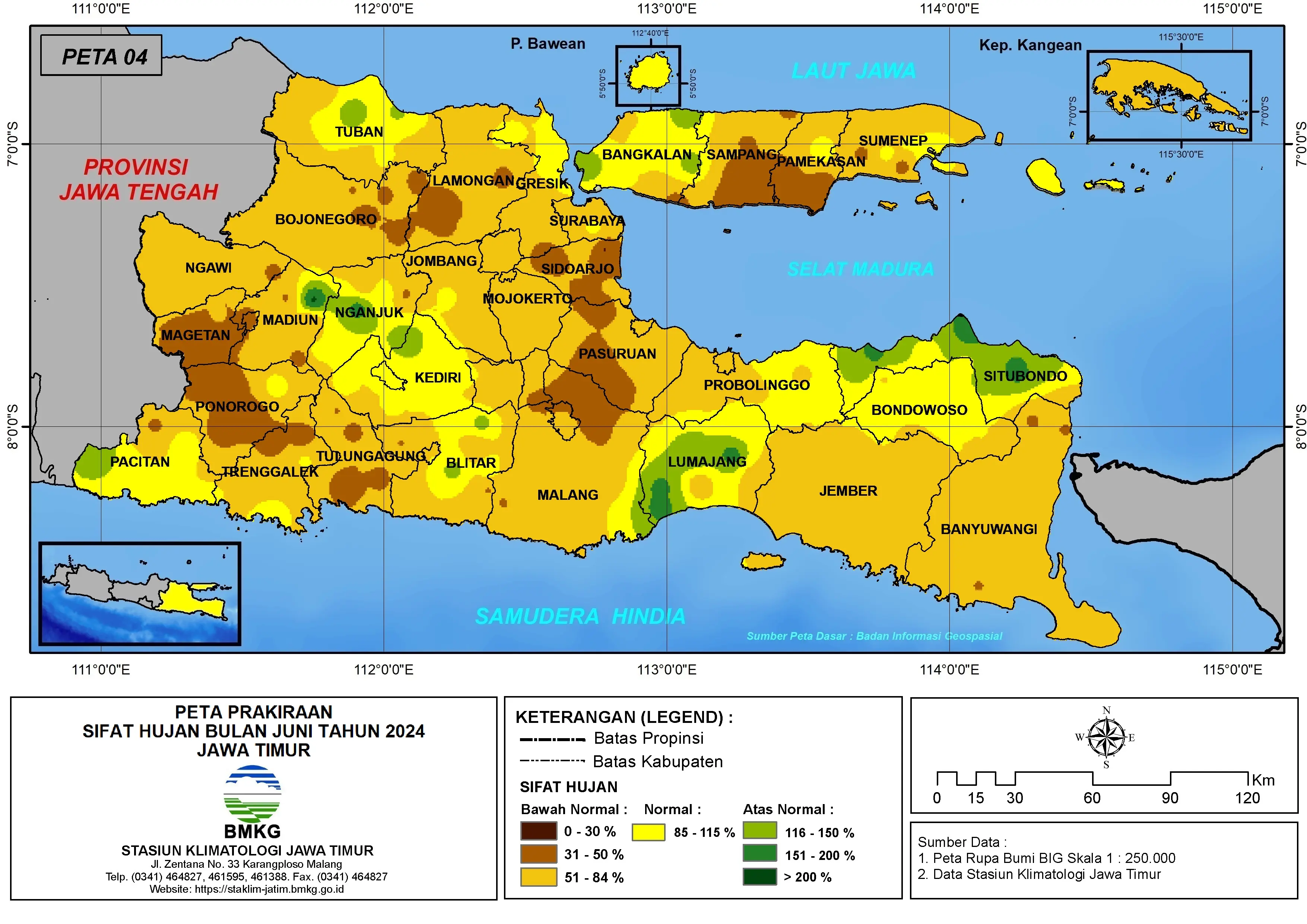 ( Prakiraan - Bulanan ) Sifat Hujan Bulan JUNI Tahun 2024 - Update dari Analisis Bulan April Tahun 2024 di Provinsi Jawa Timur
