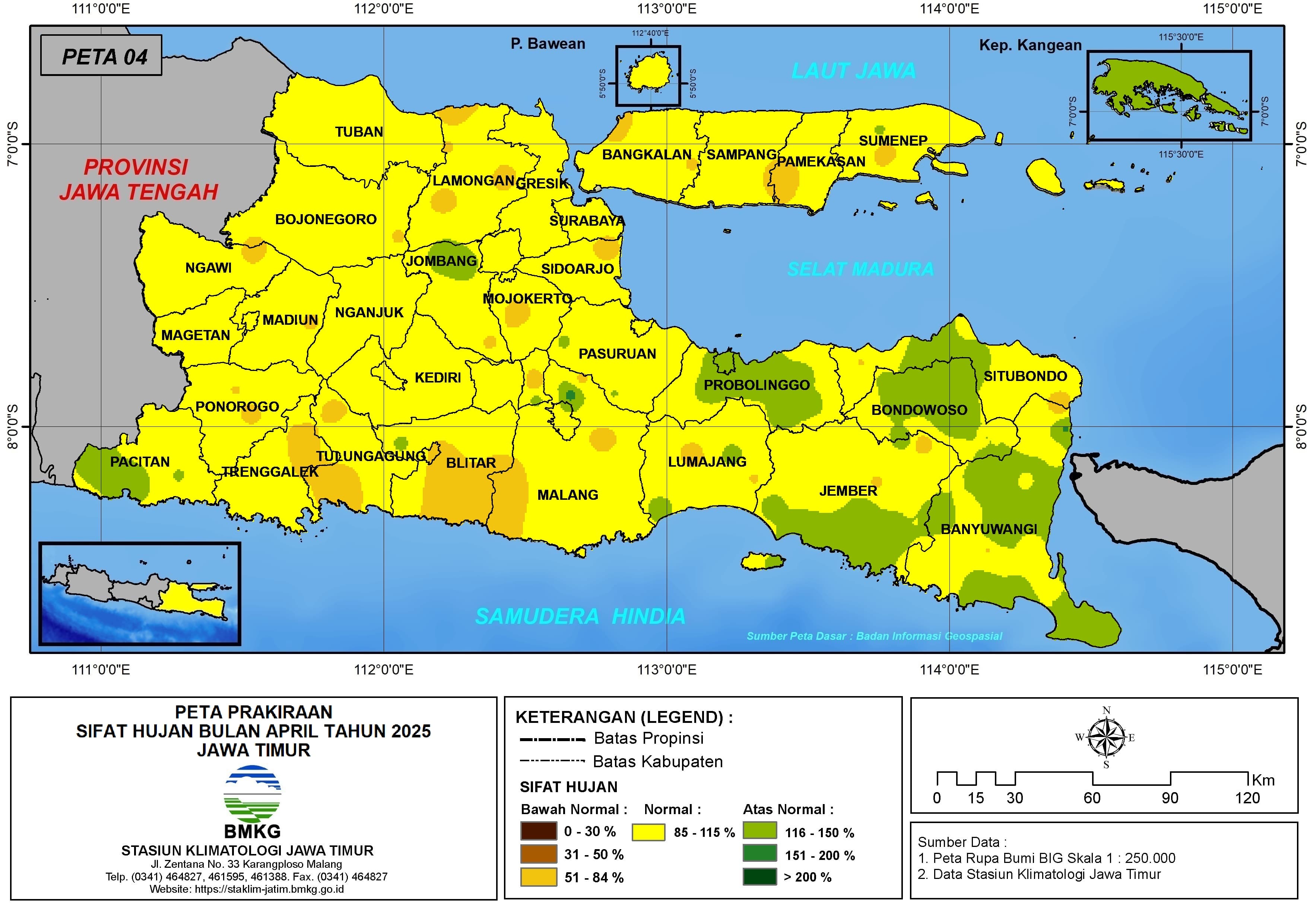 ( Prediksi - Bulanan ) Sifat Hujan Bulan APRIL Tahun 2025 - Update dari Analisis Bulan Februari Tahun 2025 di Provinsi Jawa Timur