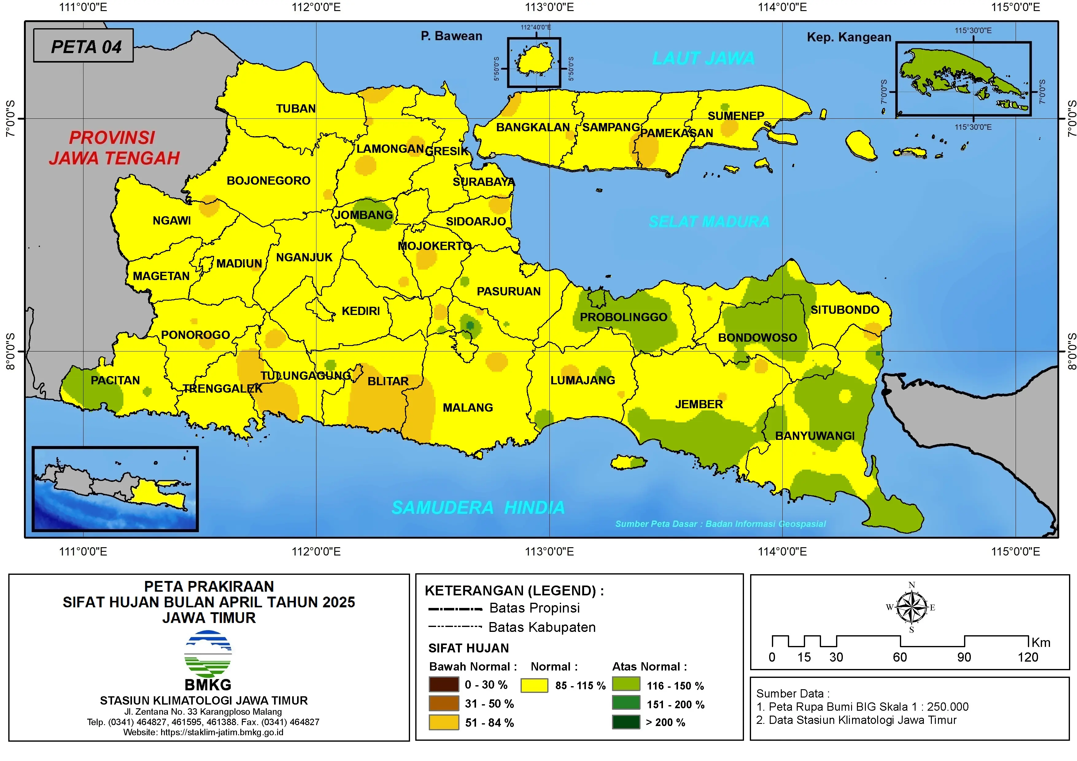 ( Prediksi - Bulanan ) Sifat Hujan Bulan APRIL Tahun 2025 - Update dari Analisis Bulan Februari Tahun 2025 di Provinsi Jawa Timur