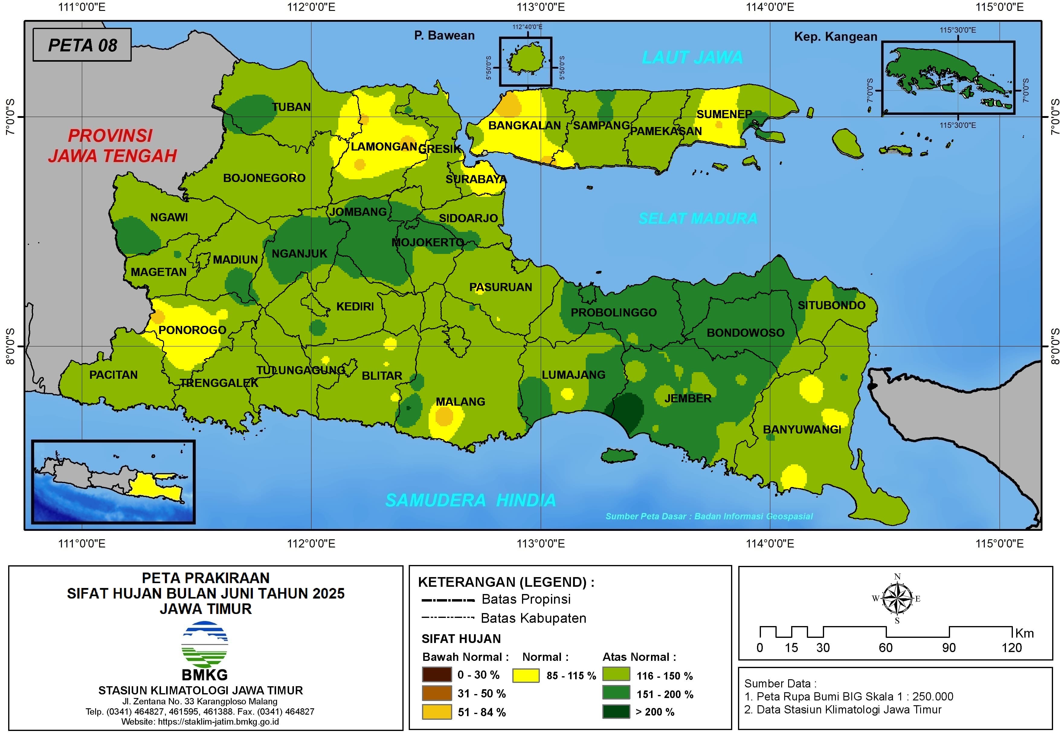 ( Prediksi - Bulanan ) Sifat Hujan Bulan JUNI Tahun 2025 - Update dari Analisis Bulan Februari Tahun 2025 di Provinsi Jawa Timur