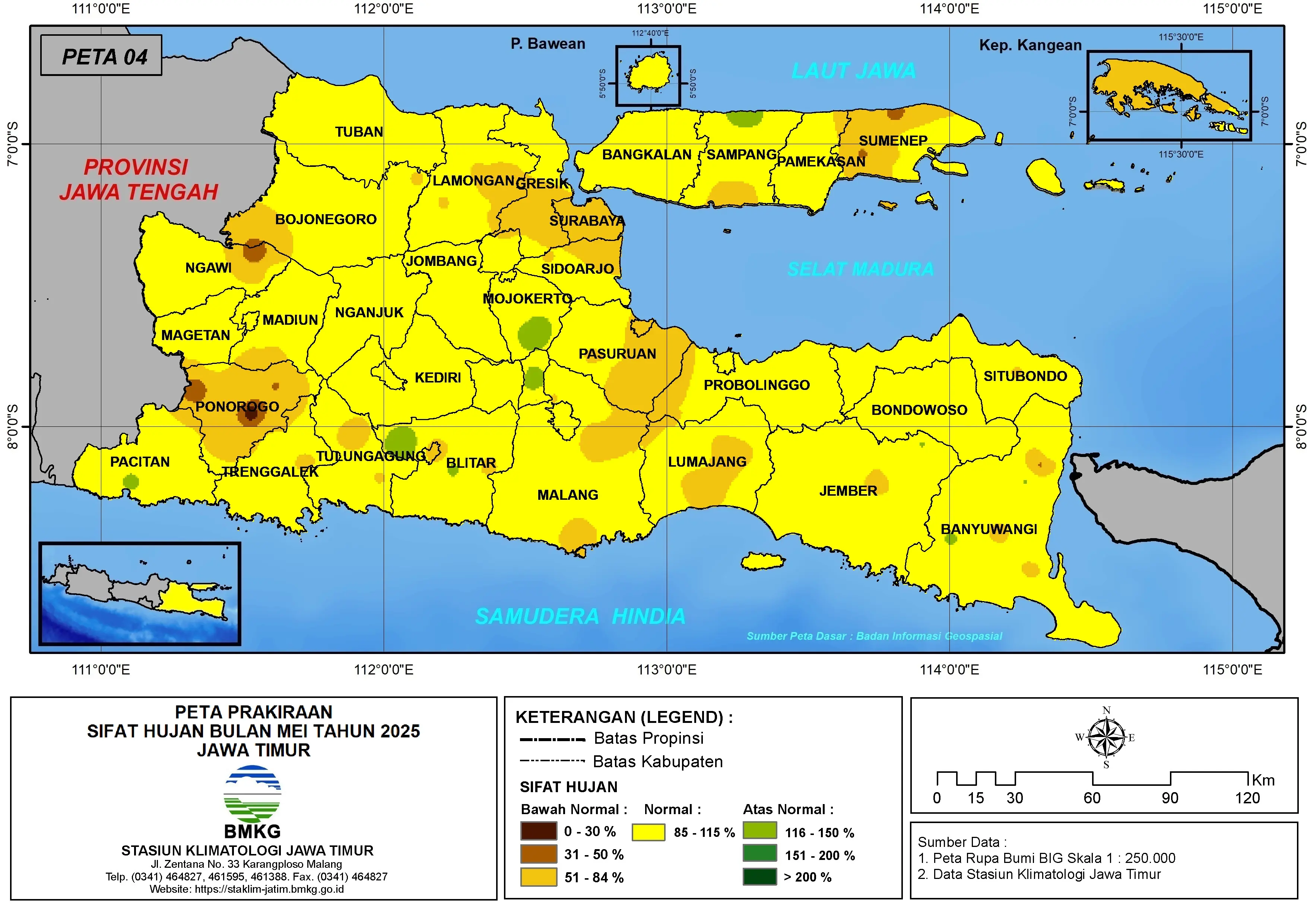 ( Prediksi - Bulanan ) Sifat Hujan Bulan MEI Tahun 2025 - Update dari Analisis Bulan Maret Tahun 2025 di Provinsi Jawa Timur