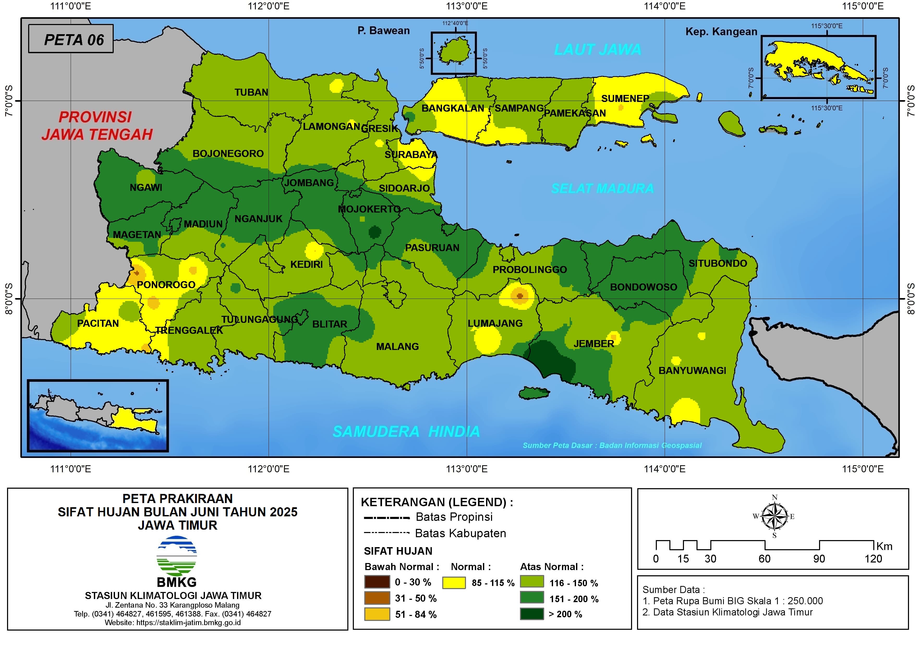 ( Prediksi - Bulanan ) Sifat Hujan Bulan JUNI Tahun 2025 - Update dari Analisis Bulan Maret Tahun 2025 di Provinsi Jawa Timur