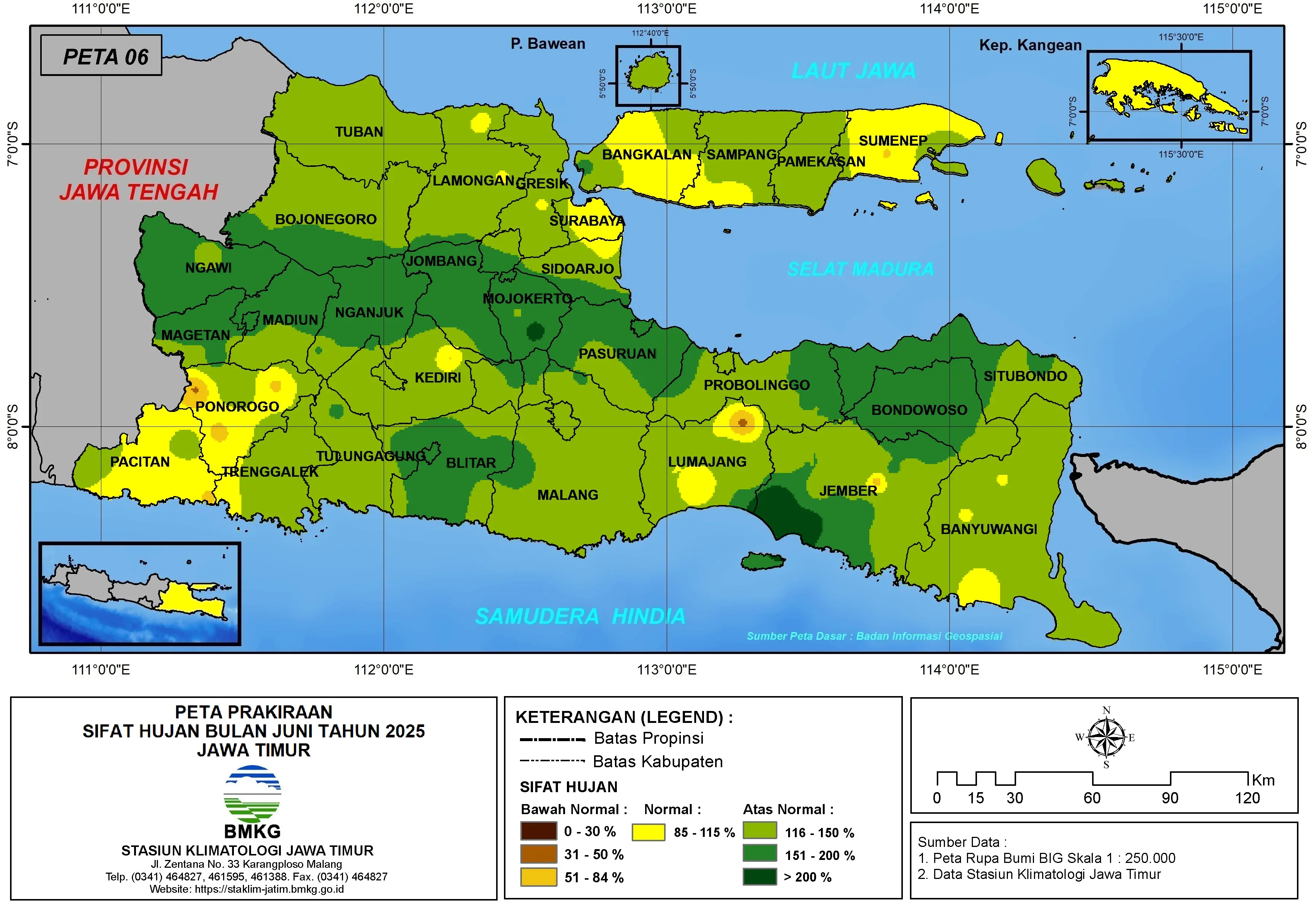 ( Prediksi - Bulanan ) Sifat Hujan Bulan JUNI Tahun 2025 - Update dari Analisis Bulan Maret Tahun 2025 di Provinsi Jawa Timur