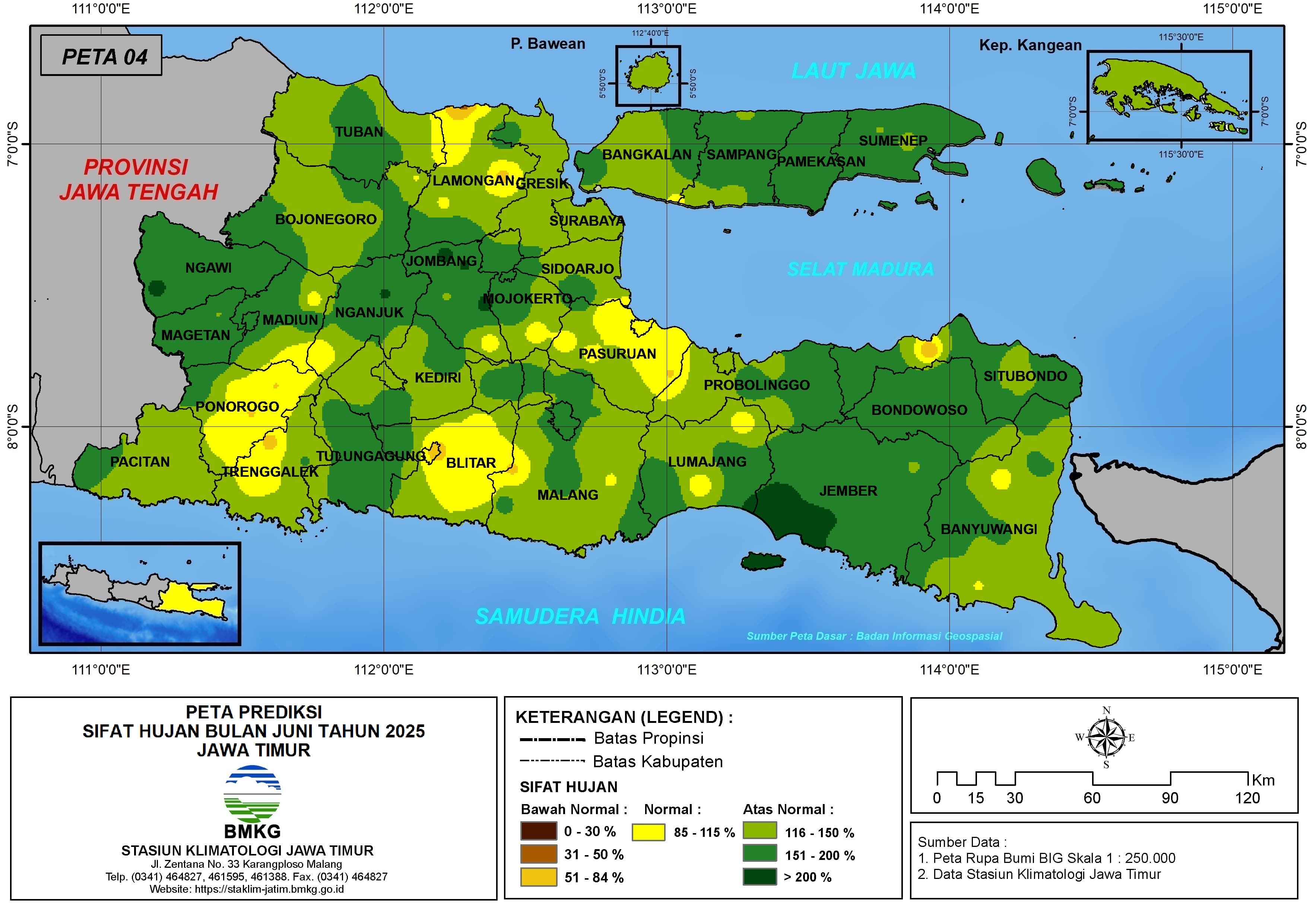 ( Prediksi - Bulanan ) Sifat Hujan Bulan JUNI Tahun 2025 - Update dari Analisis Bulan April Tahun 2025 di Provinsi Jawa Timur