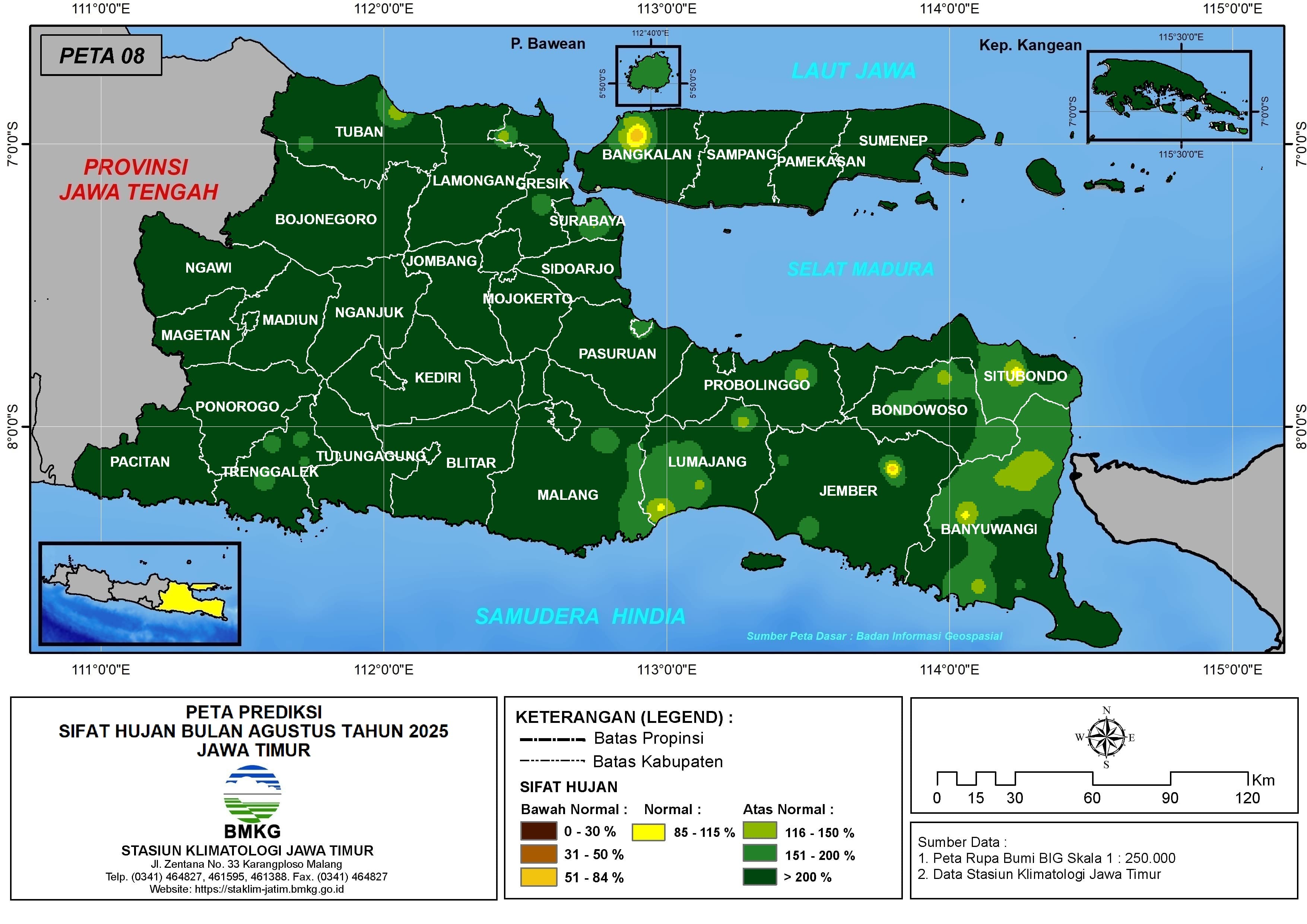 ( Prediksi - Bulanan ) Sifat Hujan Bulan AGUSTUS Tahun 2025 - Update dari Analisis Bulan April Tahun 2025 di Provinsi Jawa Timur