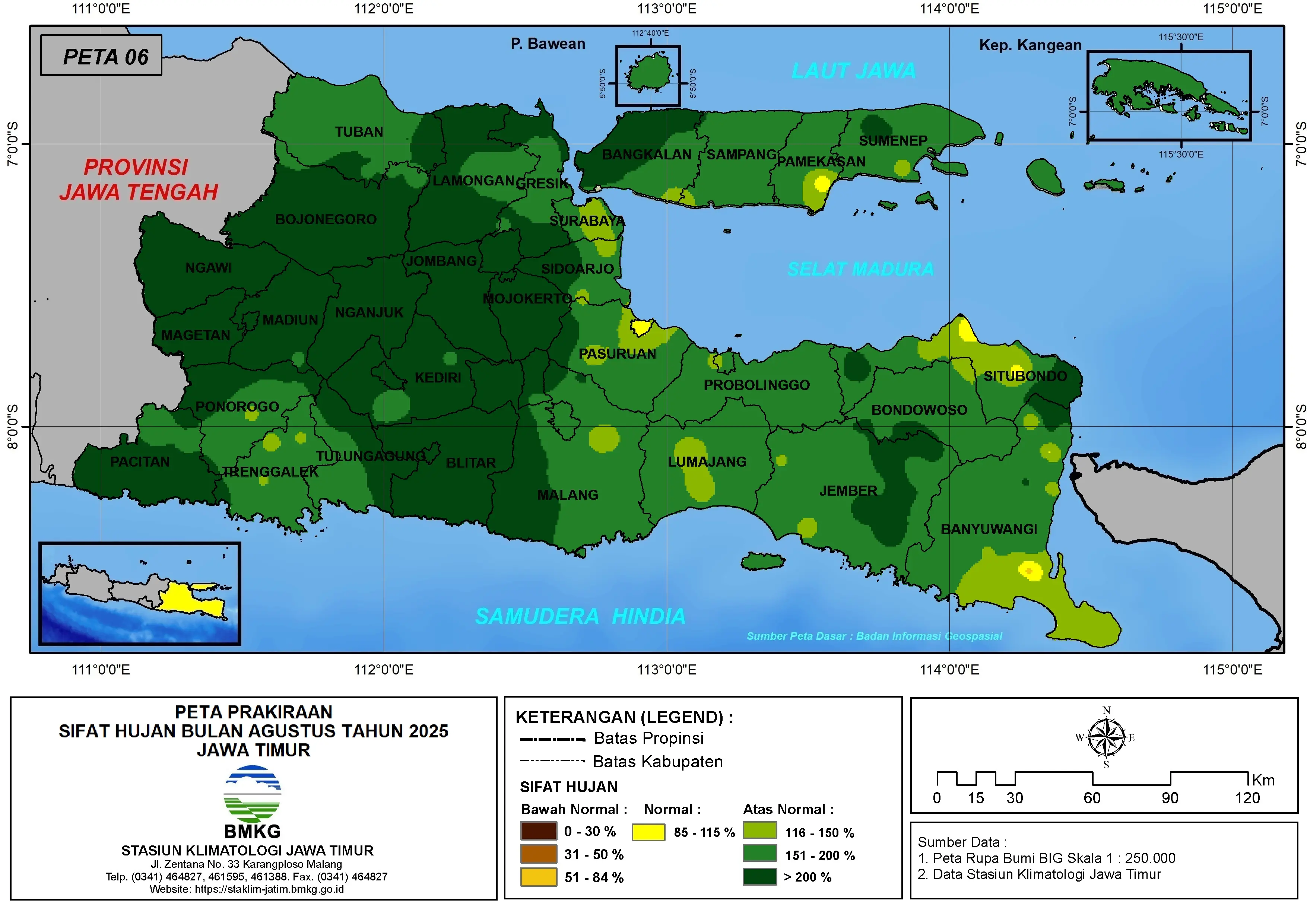 ( Prediksi - Bulanan ) Sifat Hujan Bulan AGUSTUS Tahun 2025 - Update dari Analisis Bulan Mei Tahun 2025 di Provinsi Jawa Timur