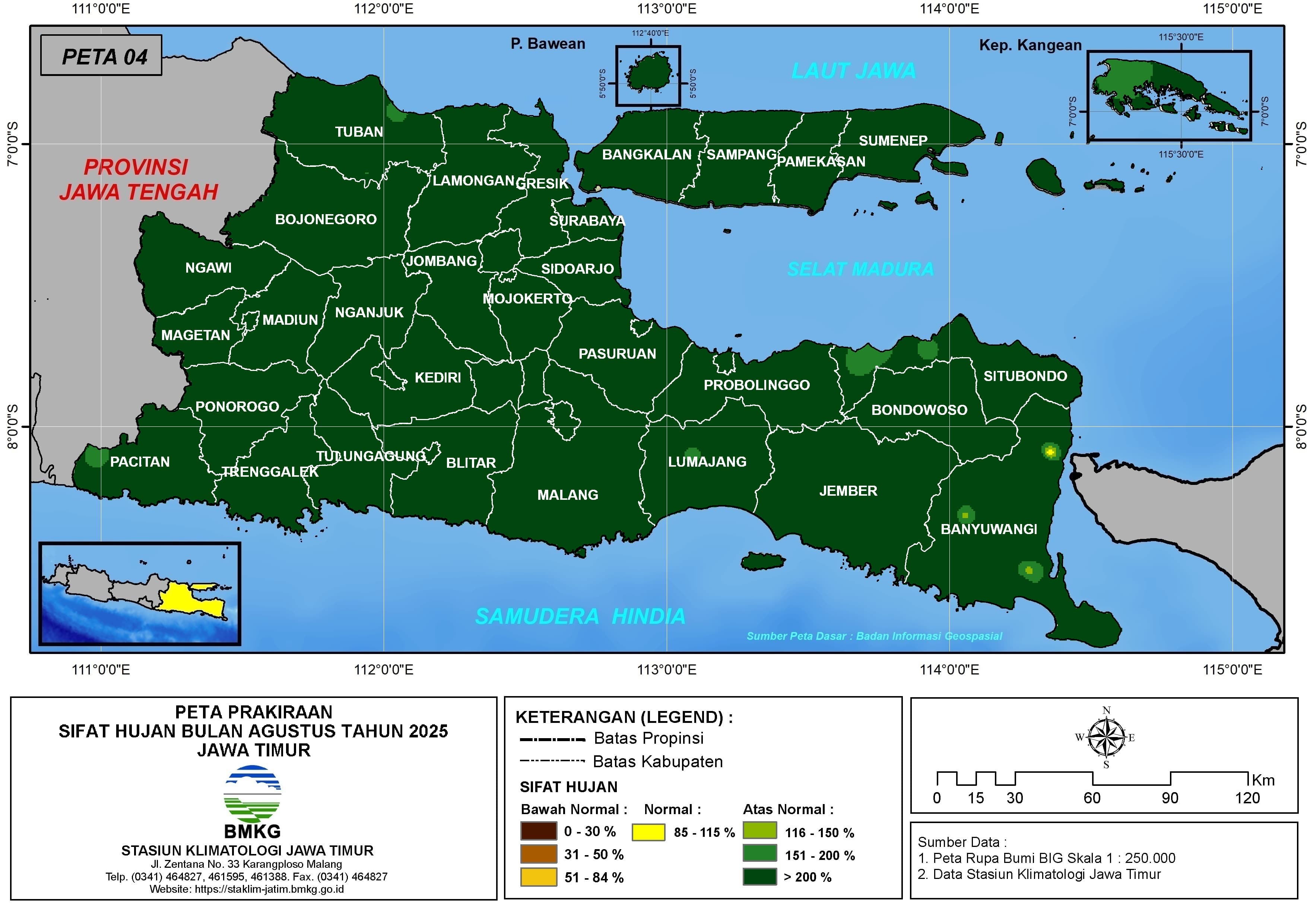 ( Prediksi - Bulanan ) Sifat Hujan Bulan AGUSTUS Tahun 2025 - Update dari Analisis Bulan Juni Tahun 2025 di Provinsi Jawa Timur