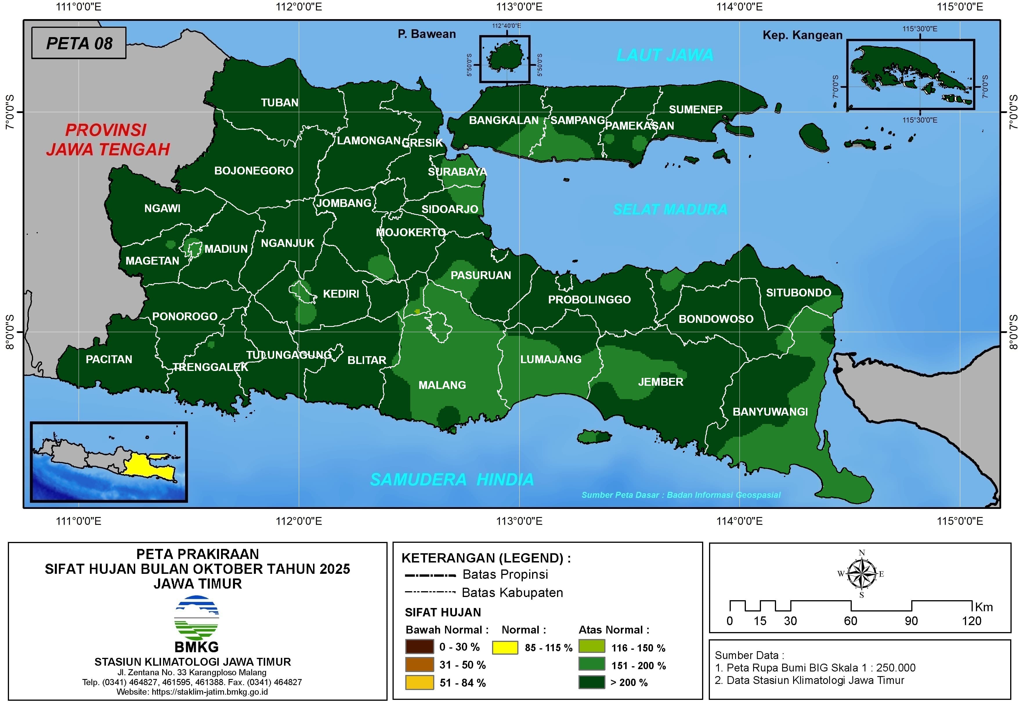 ( Prediksi - Bulanan ) Sifat Hujan Bulan OKTOBER Tahun 2025 - Update dari Analisis Bulan Juni Tahun 2025 di Provinsi Jawa Timur