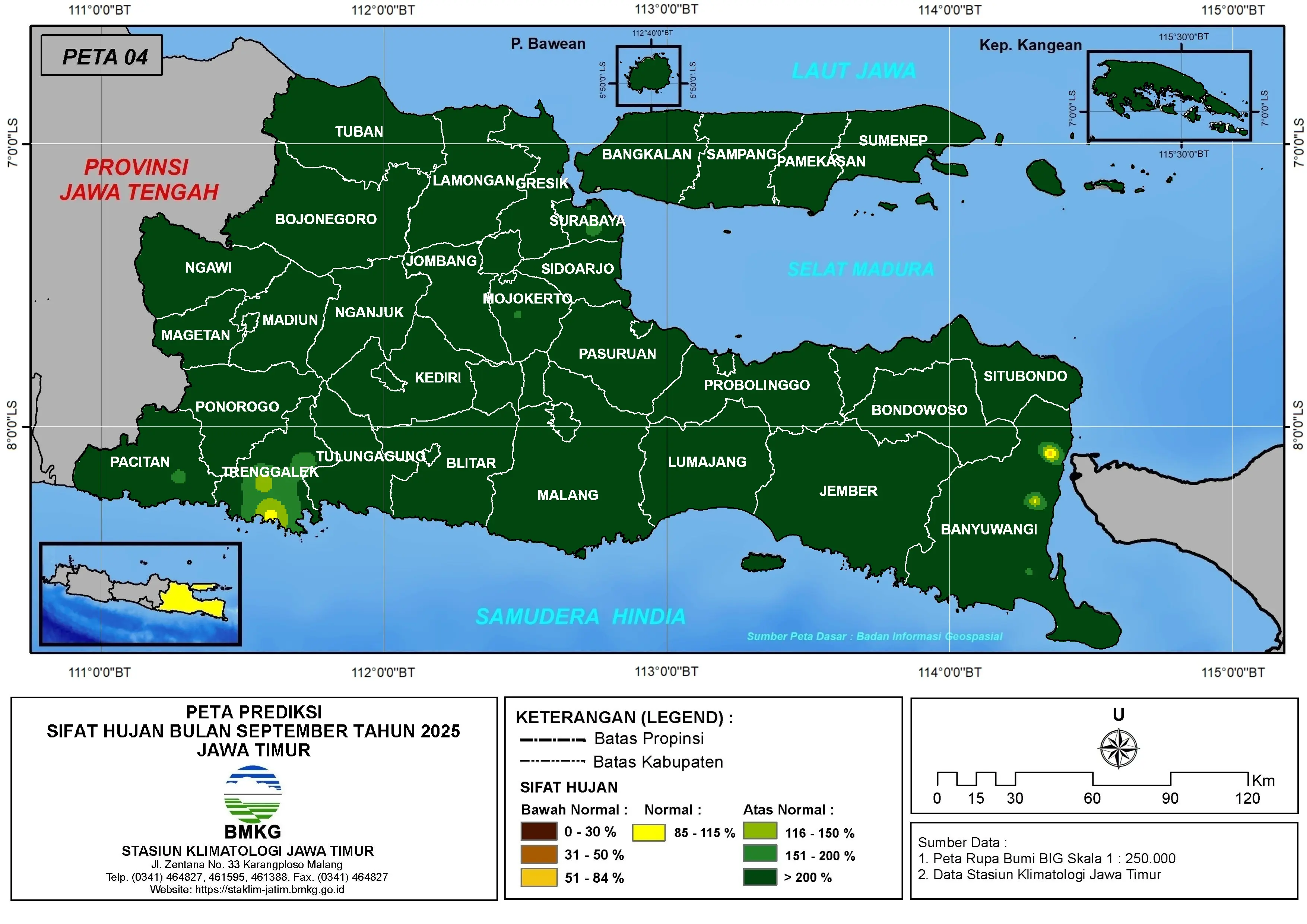 ( Prediksi - Bulanan ) Sifat Hujan Bulan SEPTEMBER Tahun 2025 - Update dari Analisis Bulan Juli Tahun 2025 di Provinsi Jawa Timur