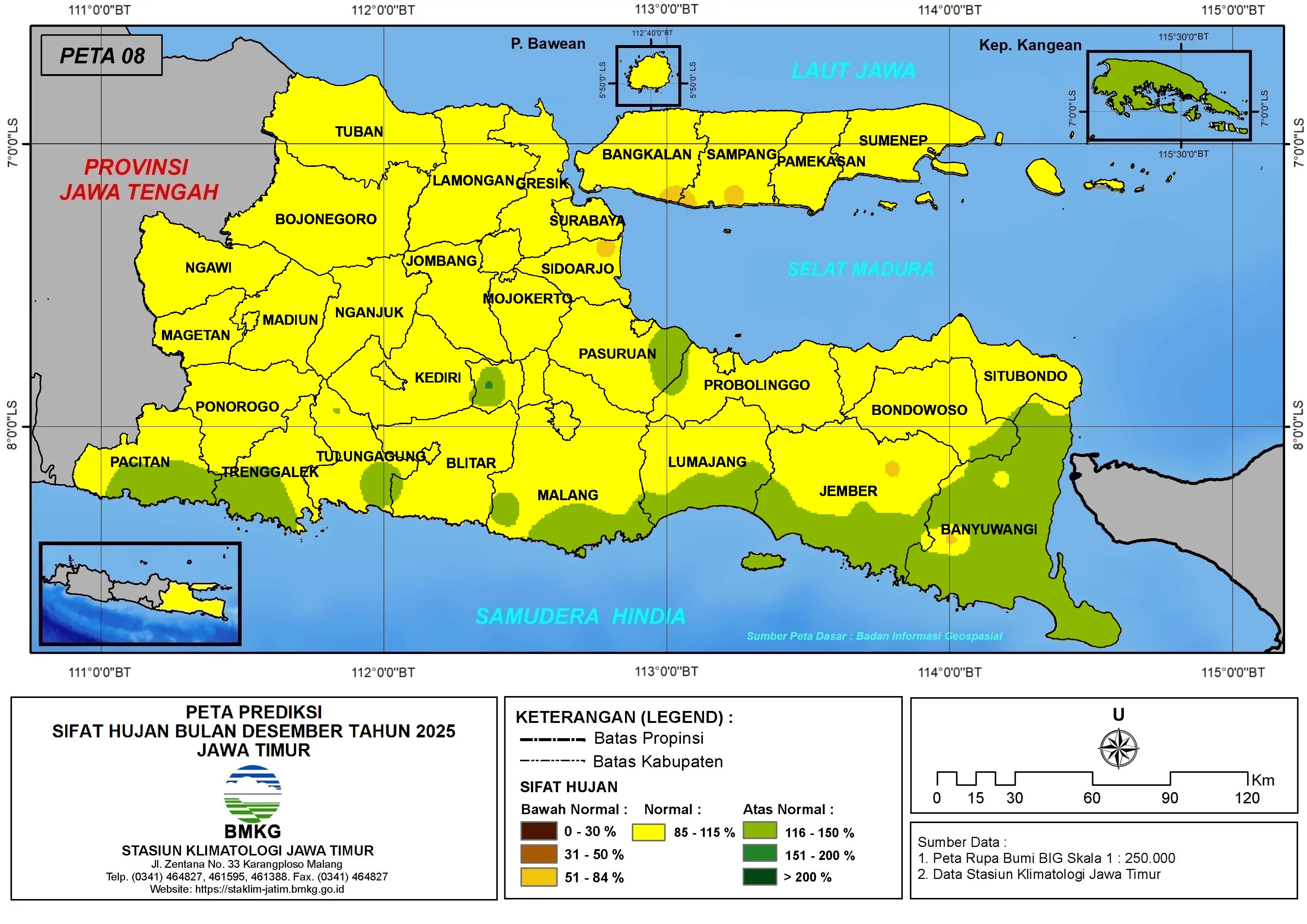 ( Prediksi - Bulanan ) Sifat Hujan Bulan DESEMBER Tahun 2025 - Update dari Analisis Bulan Agustus Tahun 2025 di Provinsi Jawa Timur