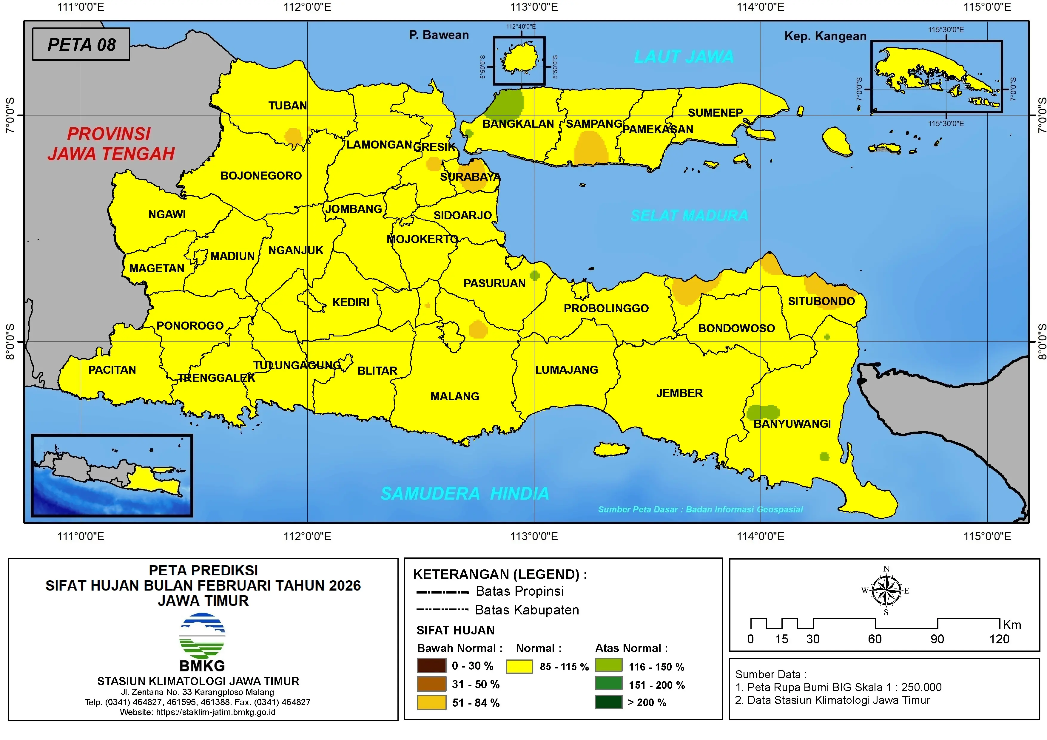 ( Prediksi - Bulanan ) Sifat Hujan Bulan FEBRUARI Tahun 2026 - Update dari Analisis Bulan Oktober Tahun 2025 di Provinsi Jawa Timur