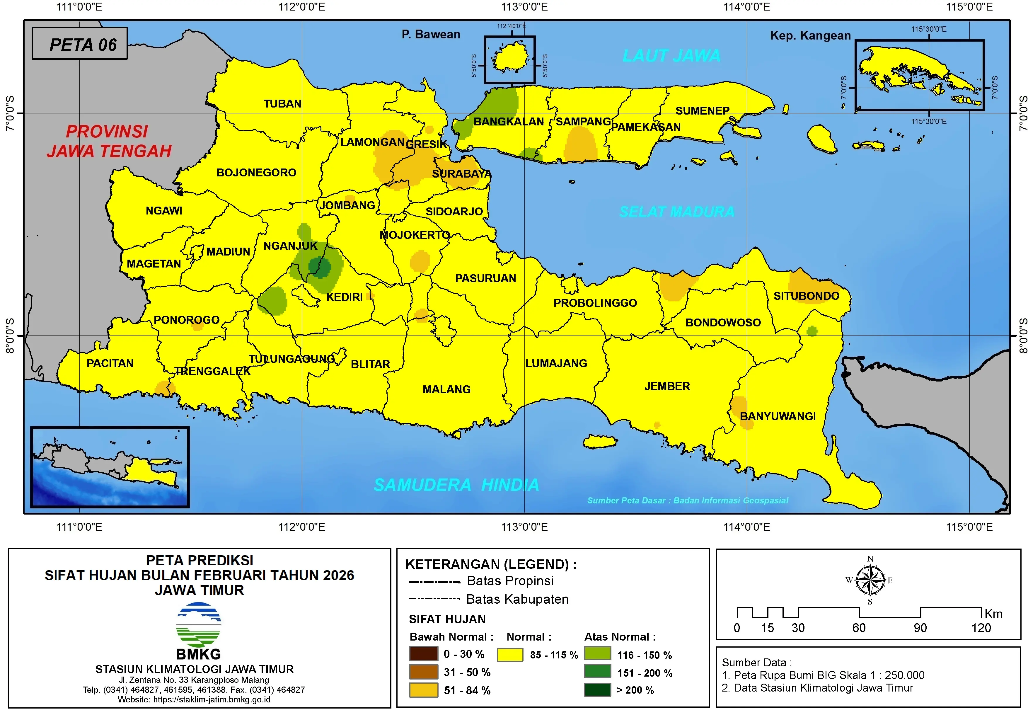 ( Prediksi - Bulanan ) Sifat Hujan Bulan FEBRUARI Tahun 2026 - Update dari Analisis Bulan November Tahun 2025 di Provinsi Jawa Timur