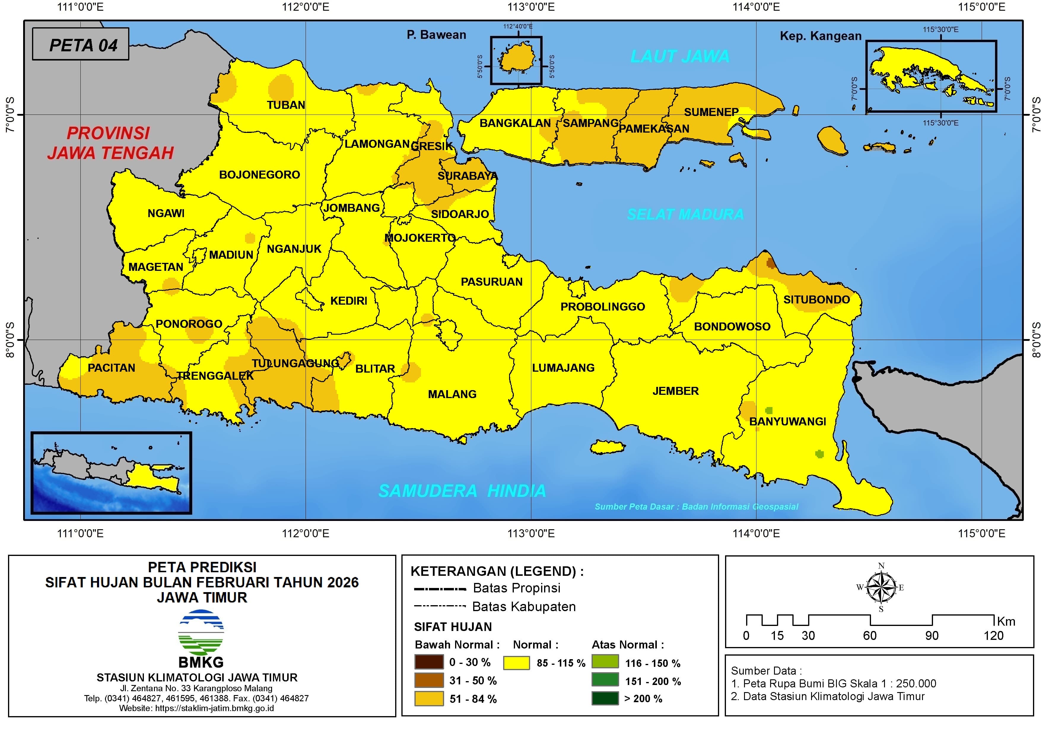 ( Prediksi - Bulanan ) Sifat Hujan Bulan FEBRUARI Tahun 2026 - Update dari Analisis Bulan Desember Tahun 2025 di Provinsi Jawa Timur
