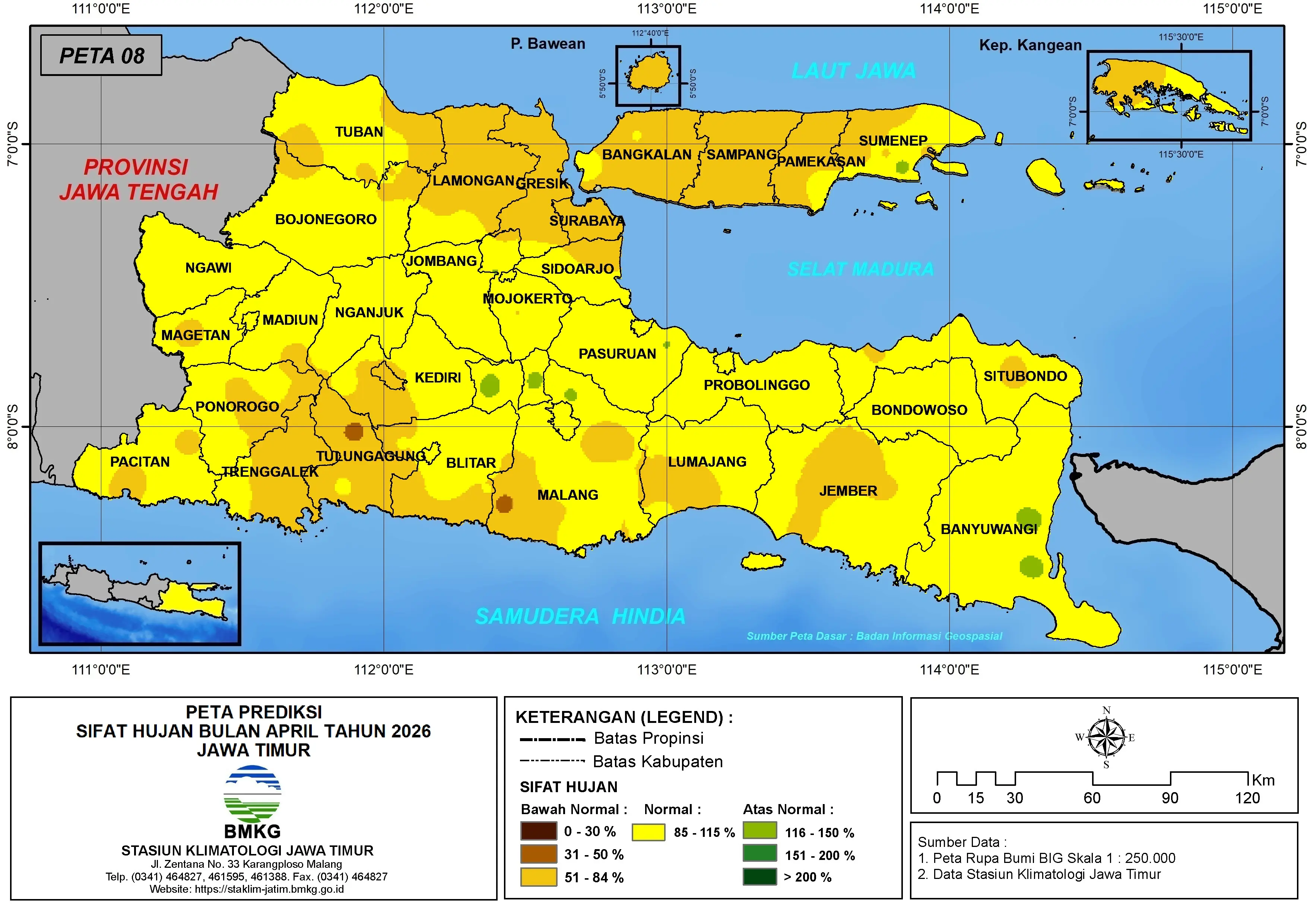 ( Prediksi - Bulanan ) Sifat Hujan Bulan APRIL Tahun 2026 - Update dari Analisis Bulan Desember Tahun 2025 di Provinsi Jawa Timur