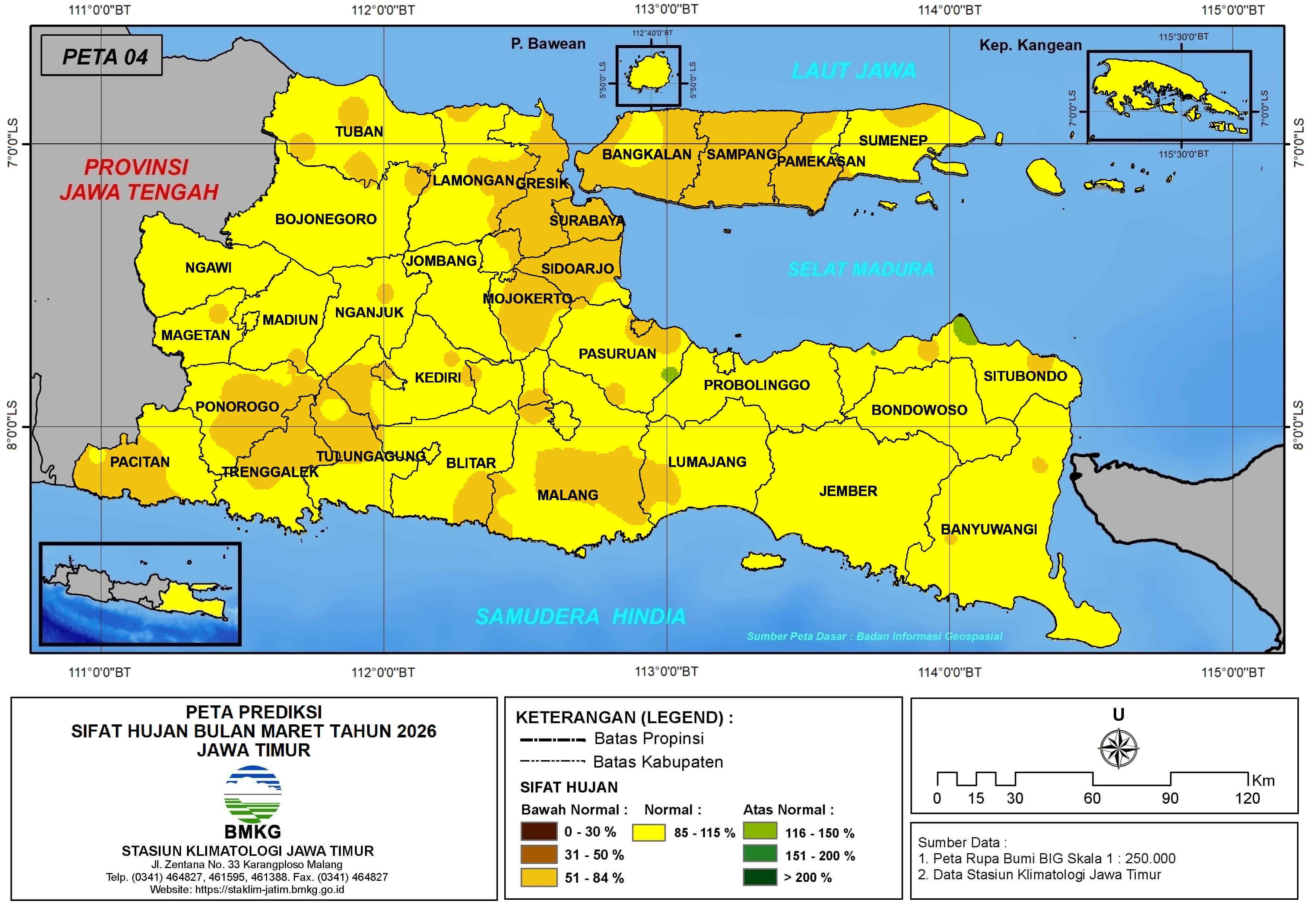 ( Prediksi - Bulanan ) Sifat Hujan Bulan MARET Tahun 2026 - Update dari Analisis Bulan Januari Tahun 2026 di Provinsi Jawa Timur