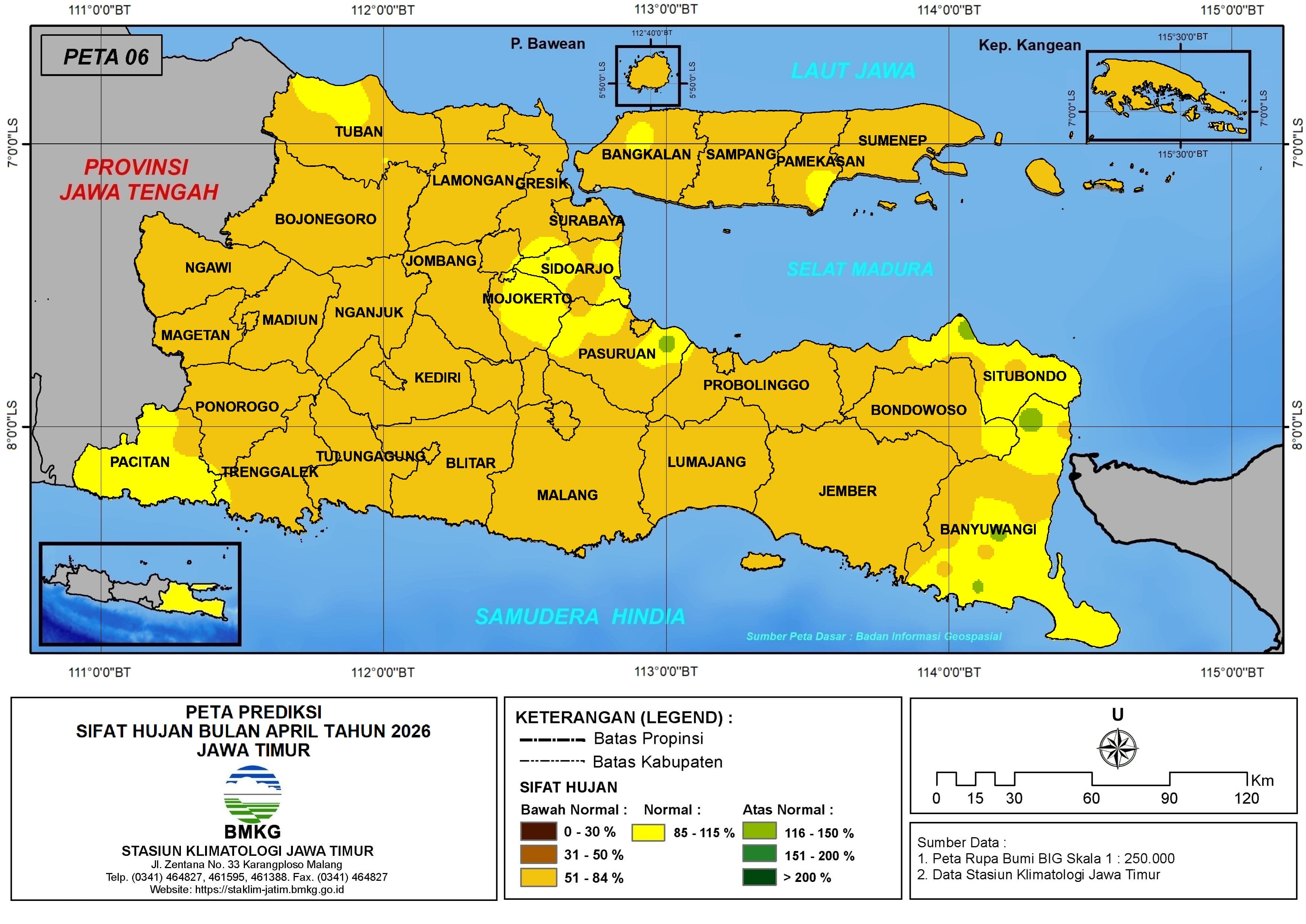 ( Prediksi - Bulanan ) Sifat Hujan Bulan APRIL Tahun 2026 - Update dari Analisis Bulan Januari Tahun 2026 di Provinsi Jawa Timur