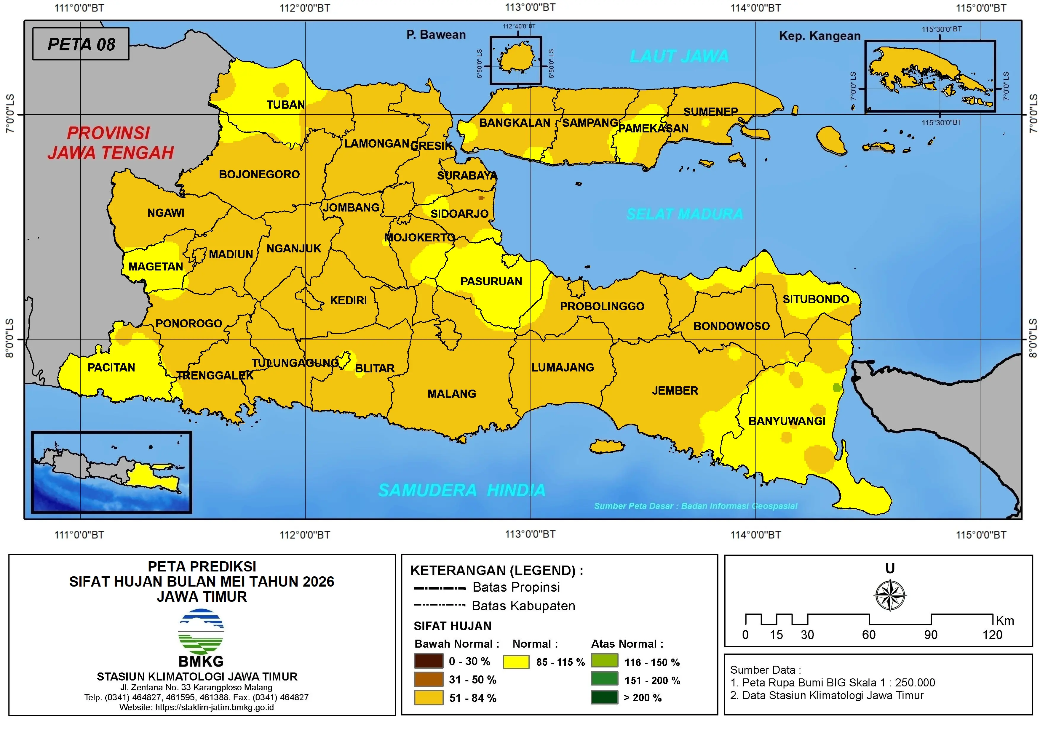 ( Prediksi - Bulanan ) Sifat Hujan Bulan MEI Tahun 2026 - Update dari Analisis Bulan Januari Tahun 2026 di Provinsi Jawa Timur