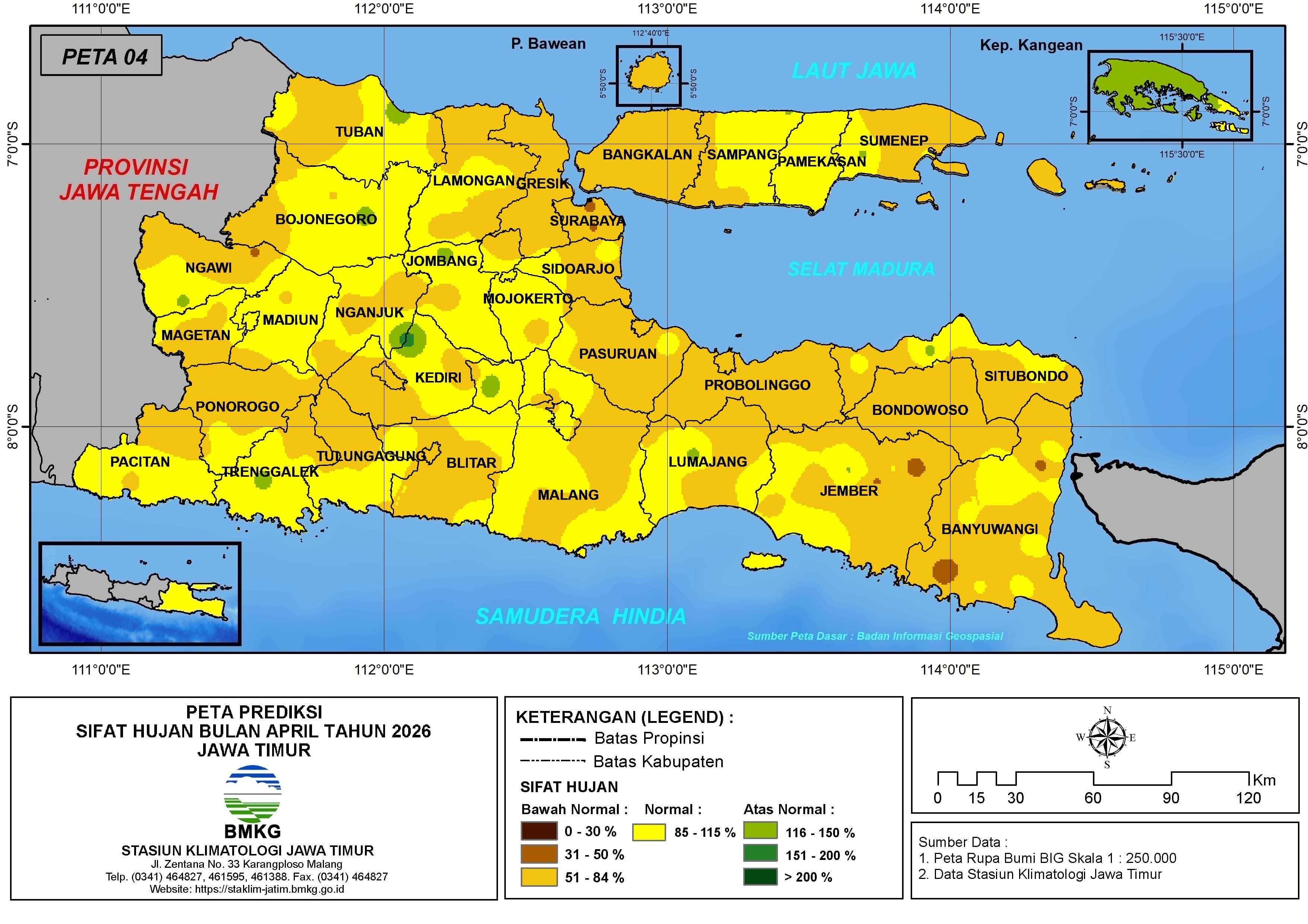 ( Prediksi - Bulanan ) Sifat Hujan Bulan APRIL Tahun 2026 - Update dari Analisis Bulan Februari Tahun 2026 di Provinsi Jawa Timur
