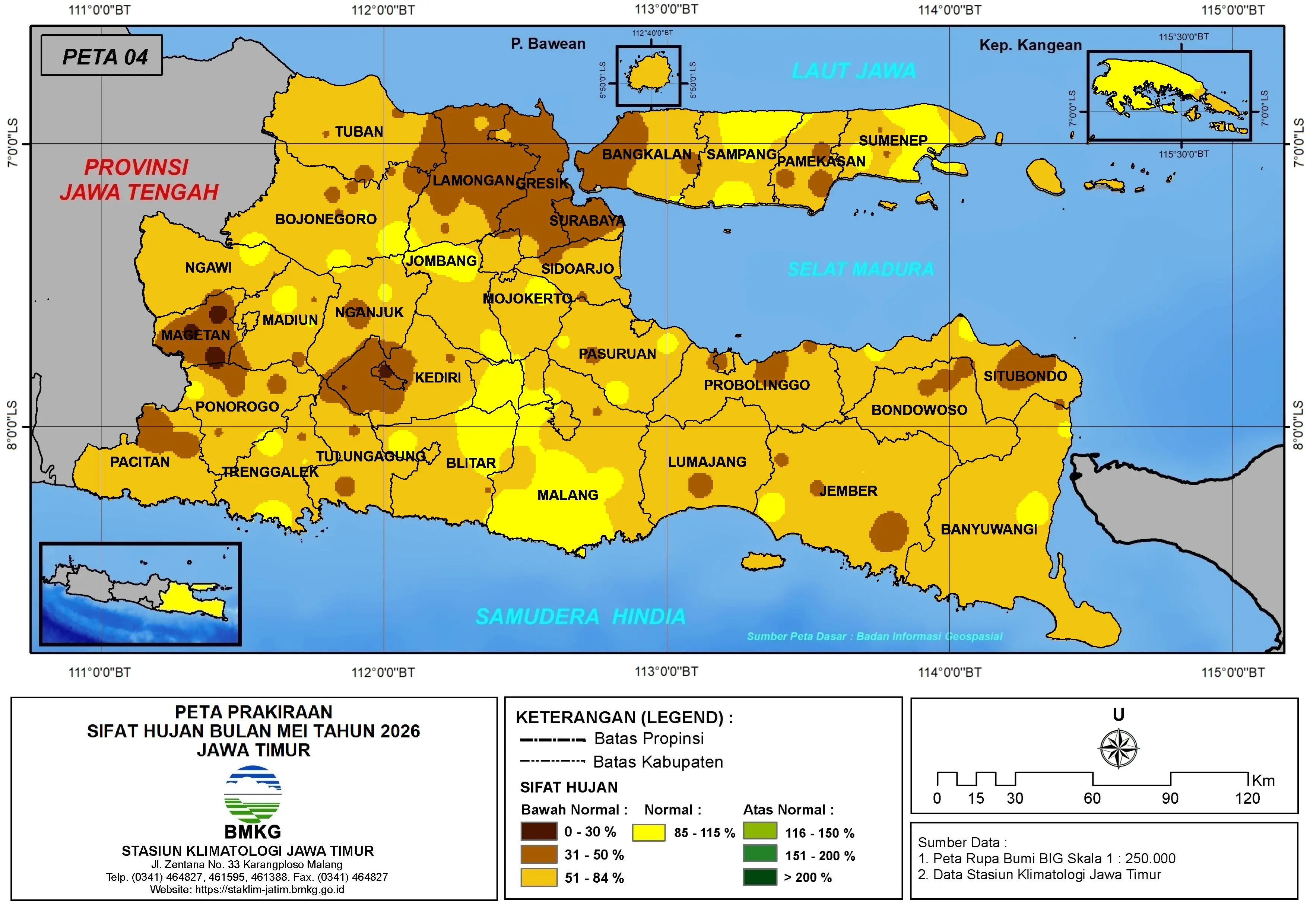 ( Prediksi - Bulanan ) Sifat Hujan Bulan MEI Tahun 2026 - Update dari Analisis Bulan Maret Tahun 2026 di Provinsi Jawa Timur