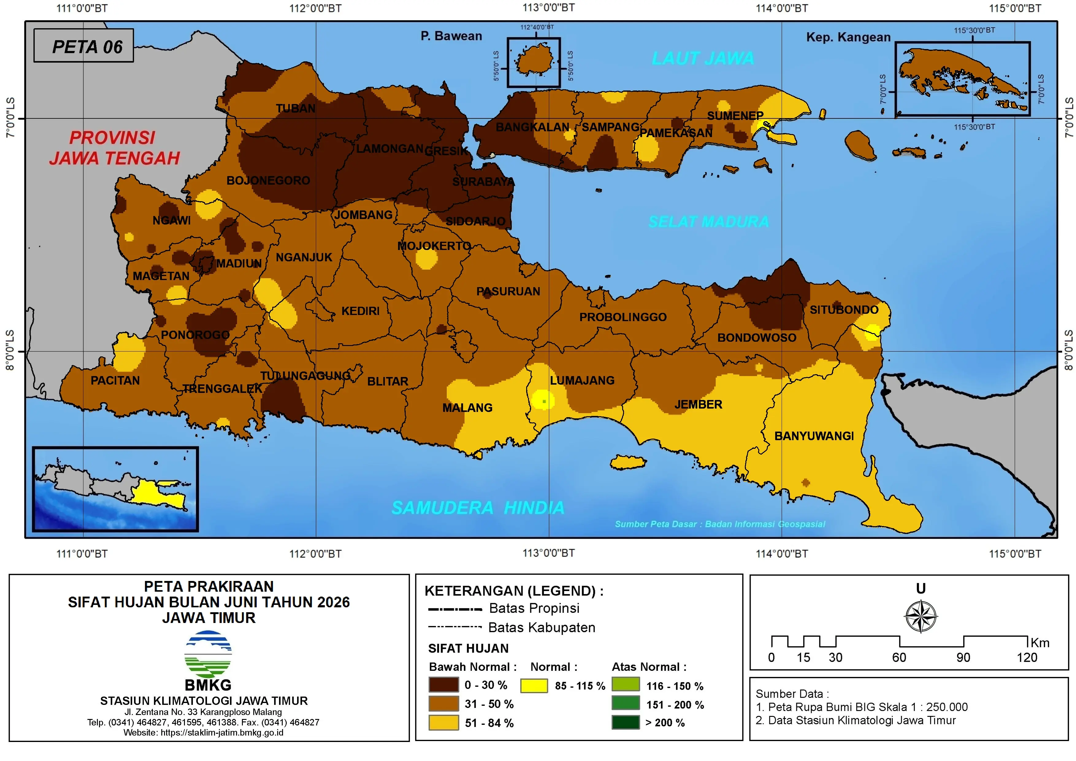 ( Prediksi - Bulanan ) Sifat Hujan Bulan JUNI Tahun 2026 - Update dari Analisis Bulan Maret Tahun 2026 di Provinsi Jawa Timur