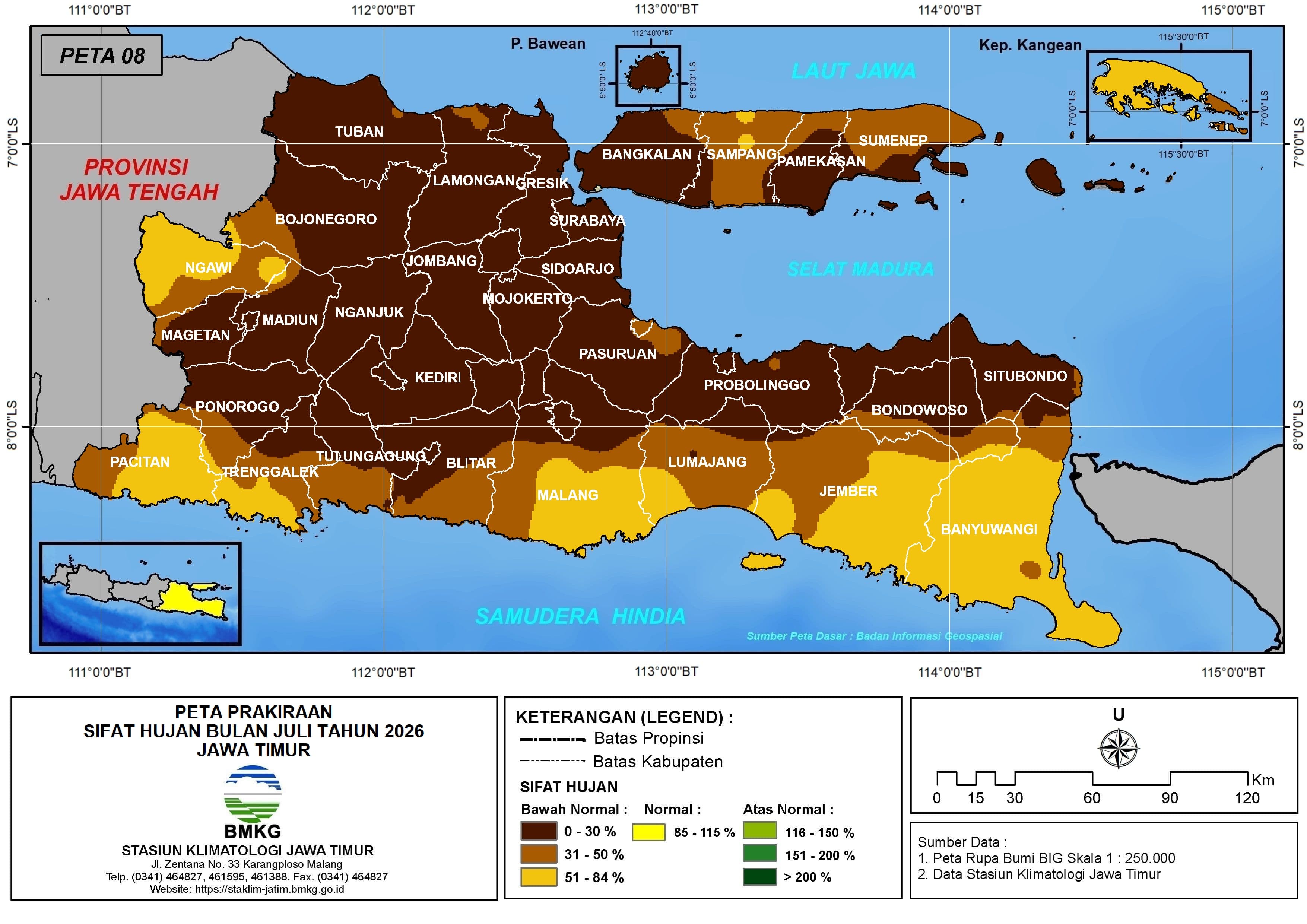 ( Prediksi - Bulanan ) Sifat Hujan Bulan JULI Tahun 2026 - Update dari Analisis Bulan Maret Tahun 2026 di Provinsi Jawa Timur