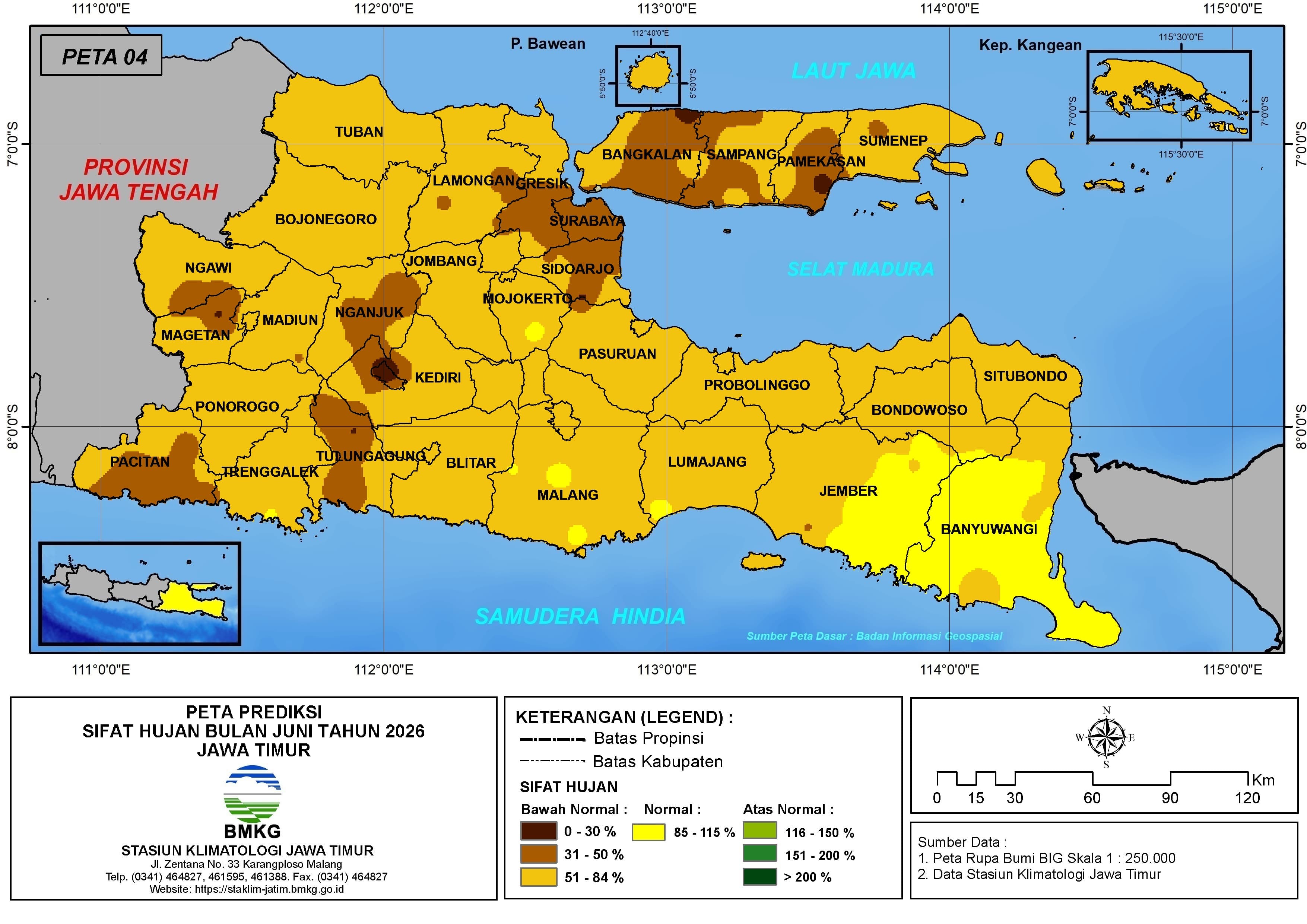 ( Prediksi - Bulanan ) Sifat Hujan Bulan JUNI Tahun 2026 - Update dari Analisis Bulan April Tahun 2026 di Provinsi Jawa Timur