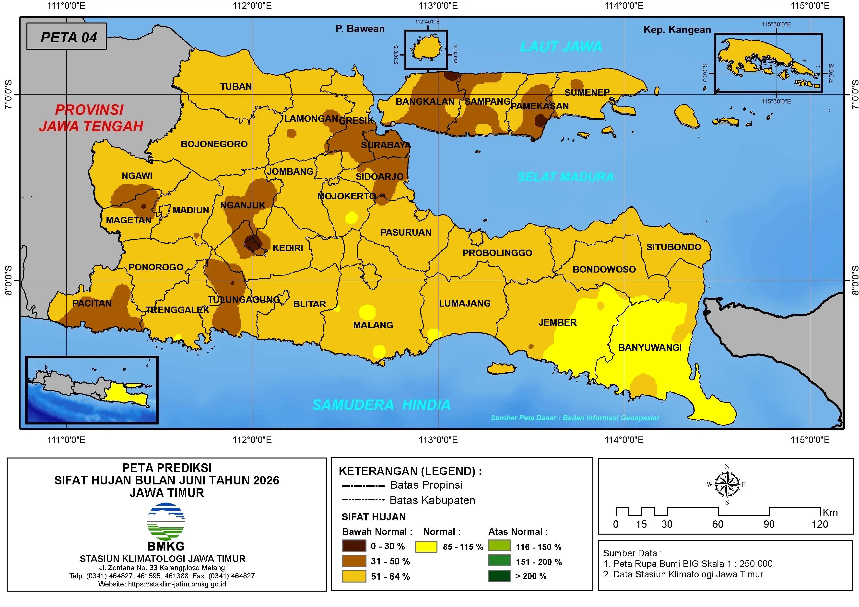 ( Prediksi - Bulanan ) Sifat Hujan Bulan JUNI Tahun 2026 - Update dari Analisis Bulan April Tahun 2026 di Provinsi Jawa Timur
