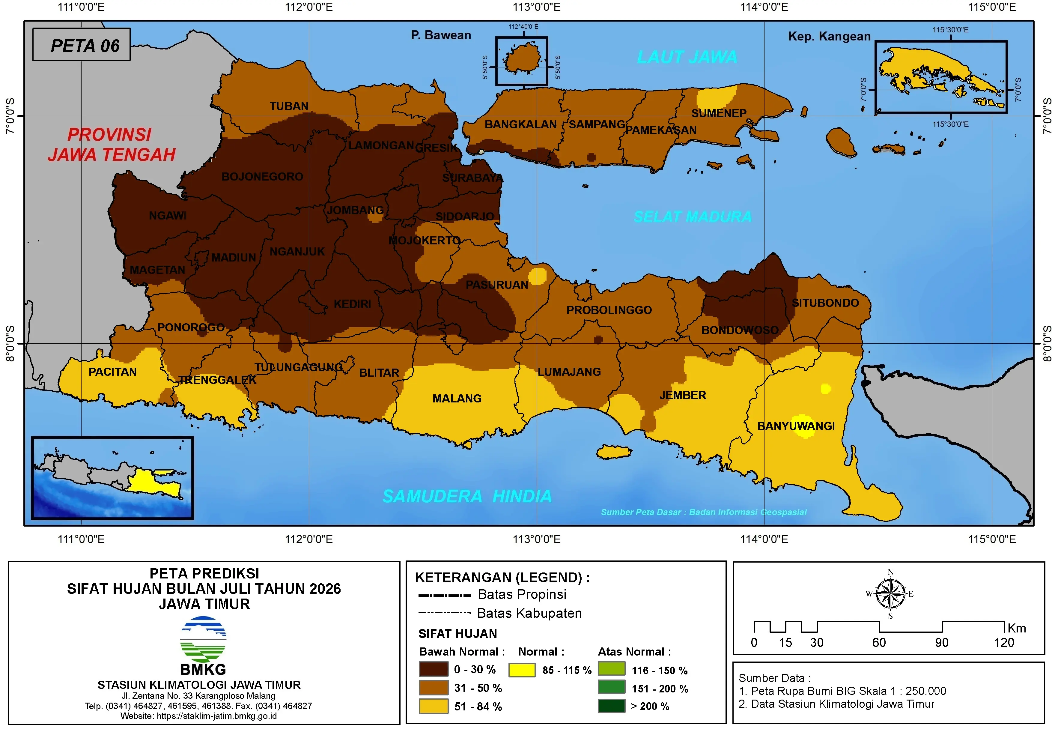( Prediksi - Bulanan ) Sifat Hujan Bulan JULI Tahun 2026 - Update dari Analisis Bulan April Tahun 2026 di Provinsi Jawa Timur
