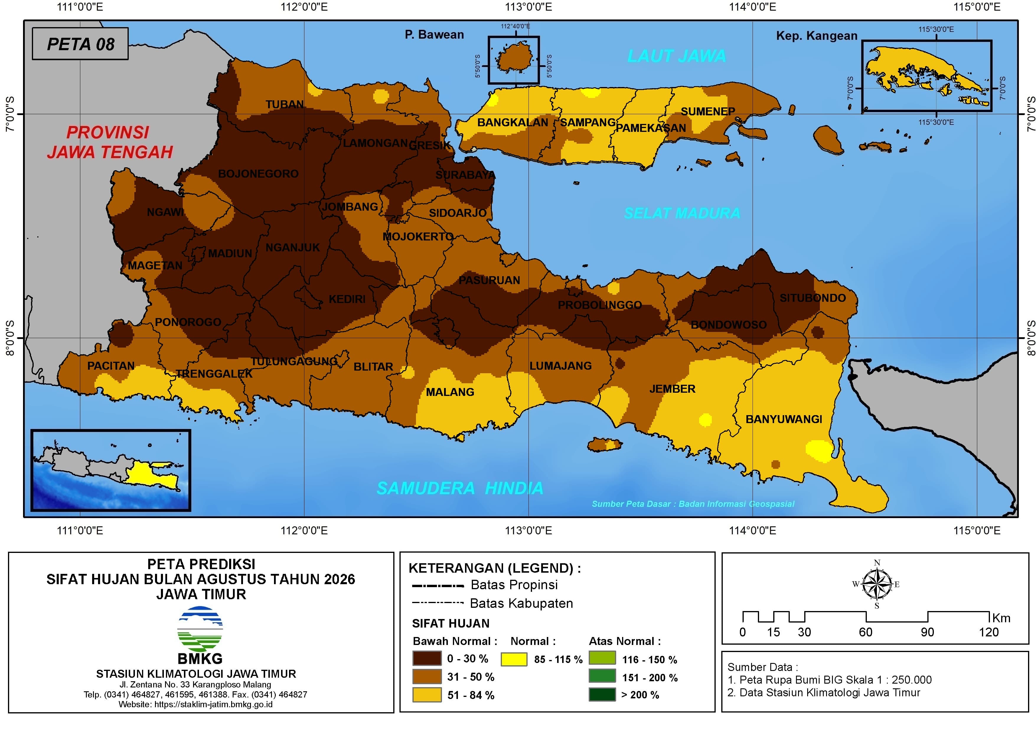 ( Prediksi - Bulanan ) Sifat Hujan Bulan AGUSTUS Tahun 2026 - Update dari Analisis Bulan April Tahun 2026 di Provinsi Jawa Timur