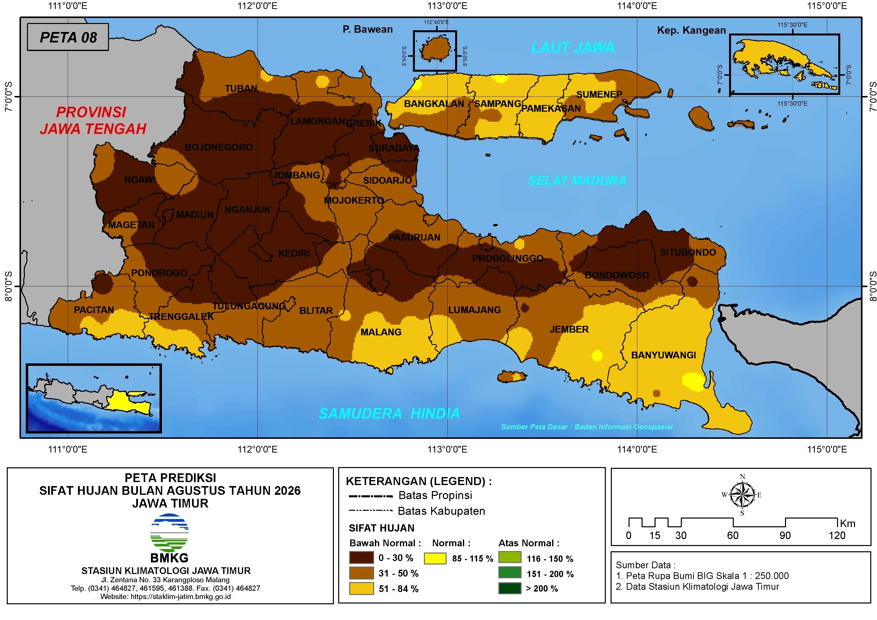 ( Prediksi - Bulanan ) Sifat Hujan Bulan AGUSTUS Tahun 2026 - Update dari Analisis Bulan April Tahun 2026 di Provinsi Jawa Timur