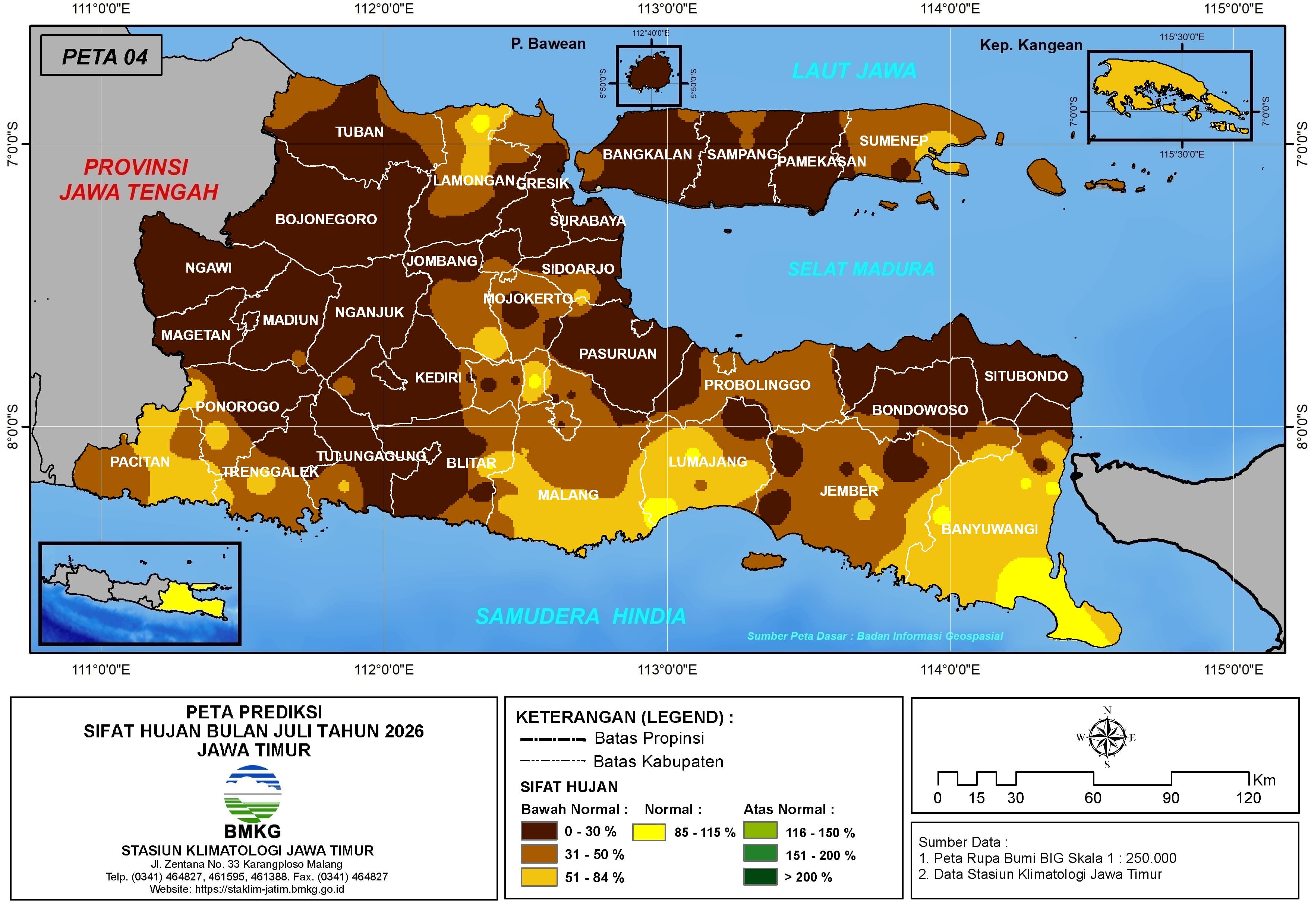 ( Prediksi - Bulanan ) Sifat Hujan Bulan JULI Tahun 2026 - Update dari Analisis Bulan Mei Tahun 2026 di Provinsi Jawa Timur