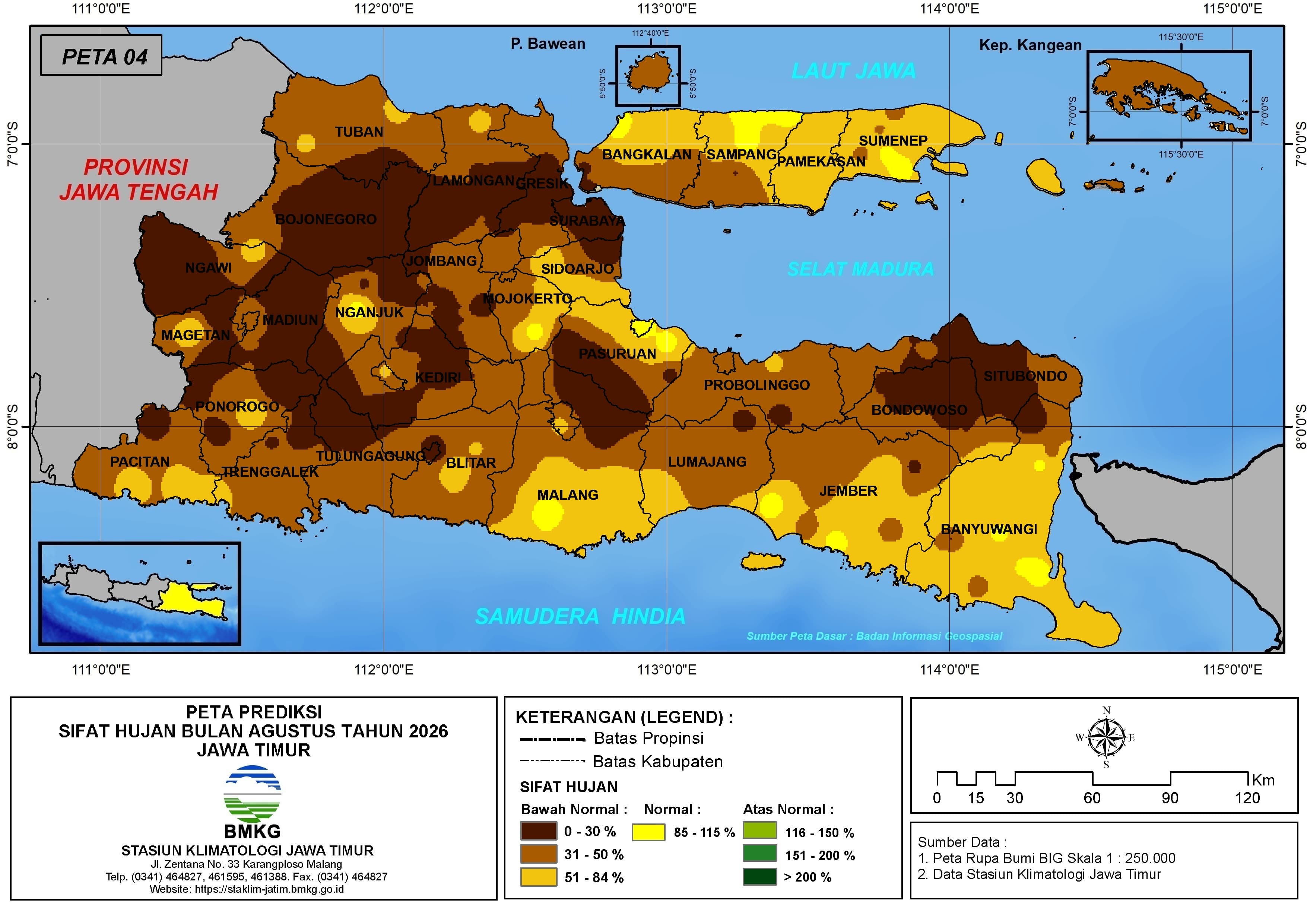 ( Prediksi - Bulanan ) Sifat Hujan Bulan AGUSTUS Tahun 2026 - Update dari Analisis Bulan Juni Tahun 2026 di Provinsi Jawa Timur