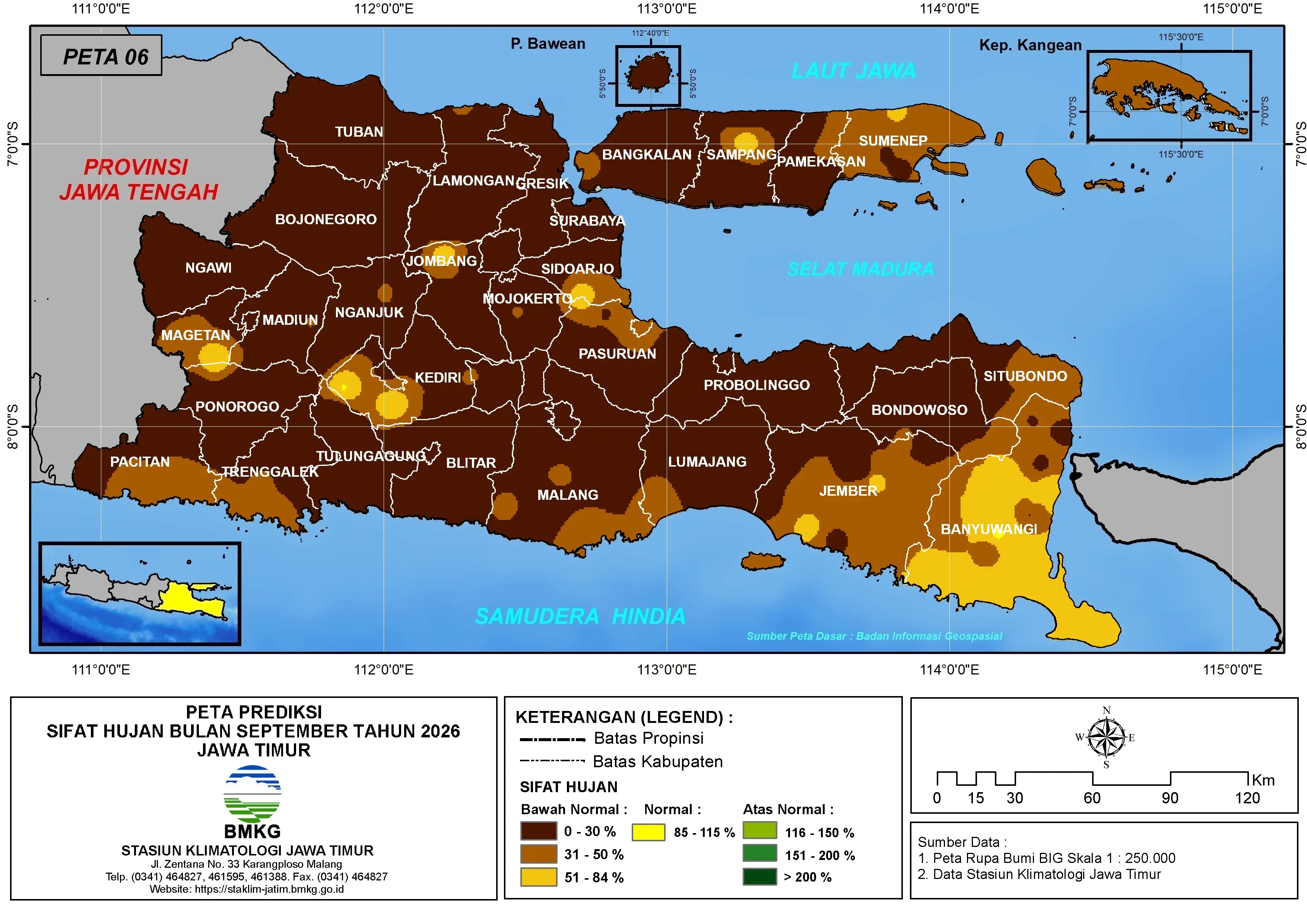 ( Prediksi - Bulanan ) Sifat Hujan Bulan SEPTEMBER Tahun 2026 - Update dari Analisis Bulan Juni Tahun 2026 di Provinsi Jawa Timur