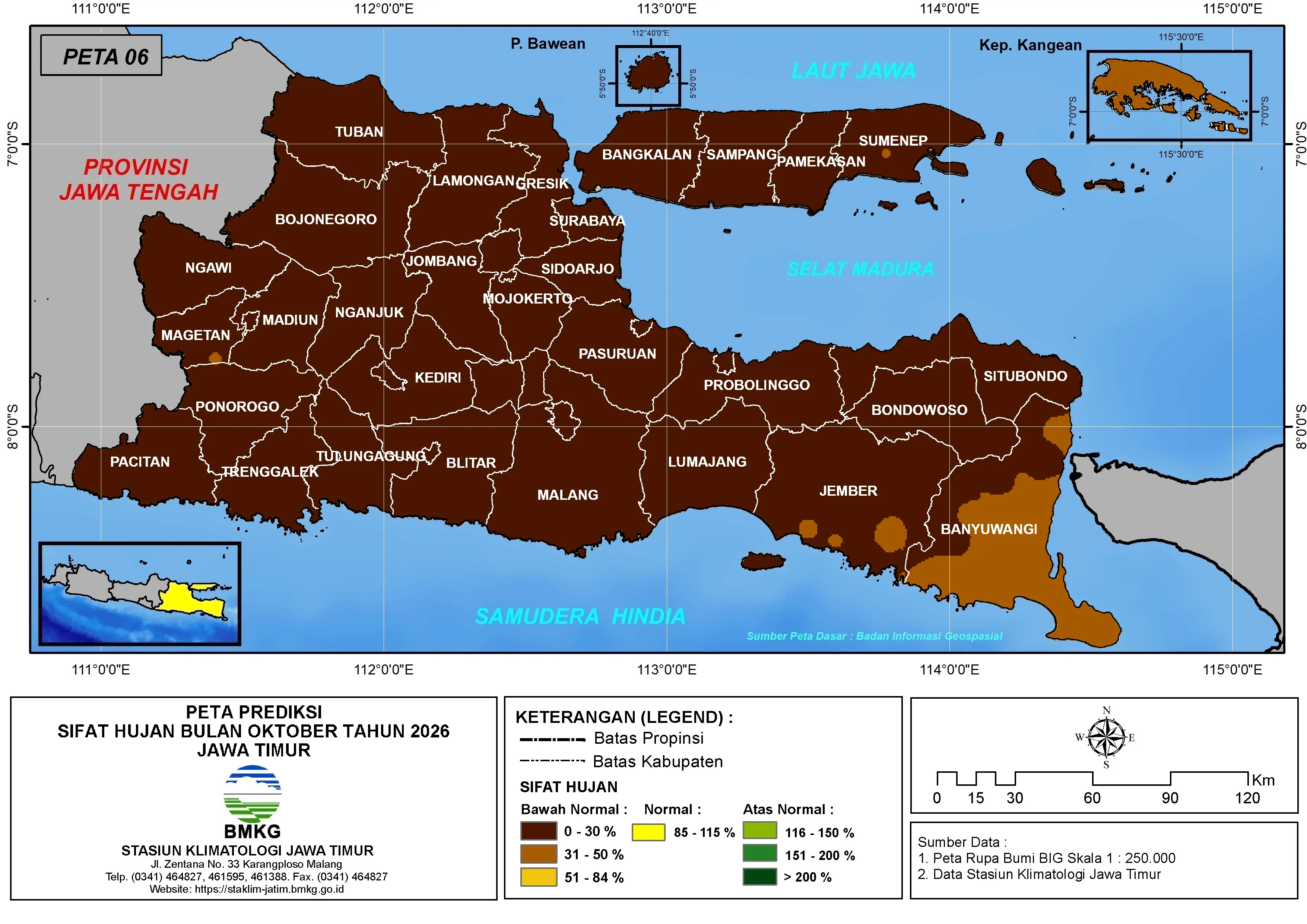 ( Prediksi - Bulanan ) Sifat Hujan Bulan OKTOBER Tahun 2026 - Update dari Analisis Bulan Juli Tahun 2026 di Provinsi Jawa Timur