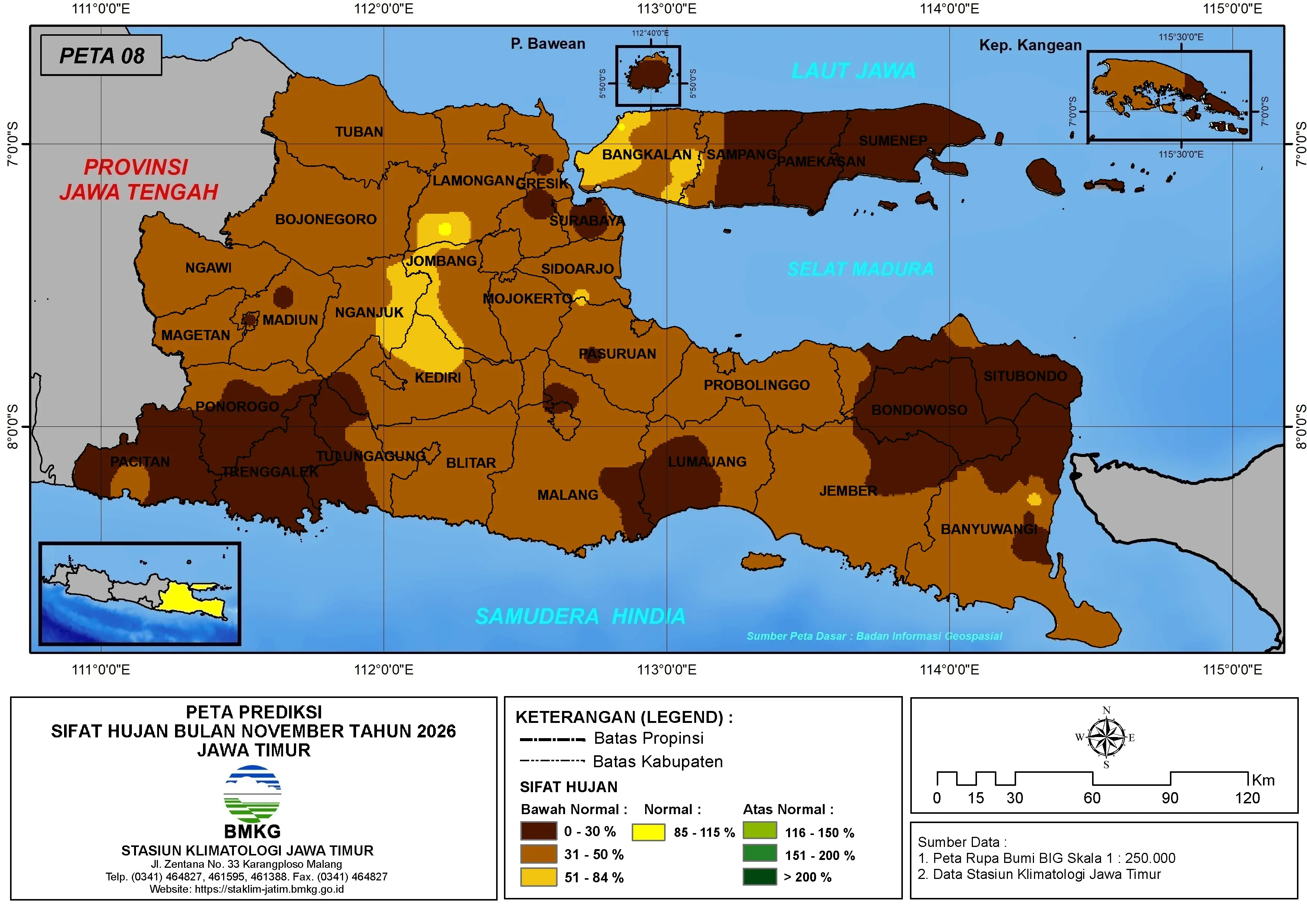 ( Prediksi - Bulanan ) Sifat Hujan Bulan NOVEMBER Tahun 2026 - Update dari Analisis Bulan Juli Tahun 2026 di Provinsi Jawa Timur