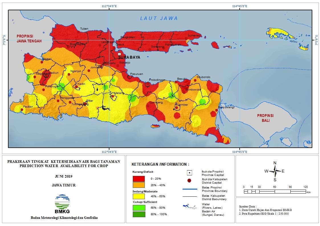 Prakiraan - Bulanan Tingkat Ketersediaan Air Bagi Tanaman di Jawa Timur Untuk Bulan JUNI 2019 Update dari Analisis Bulan April 2019