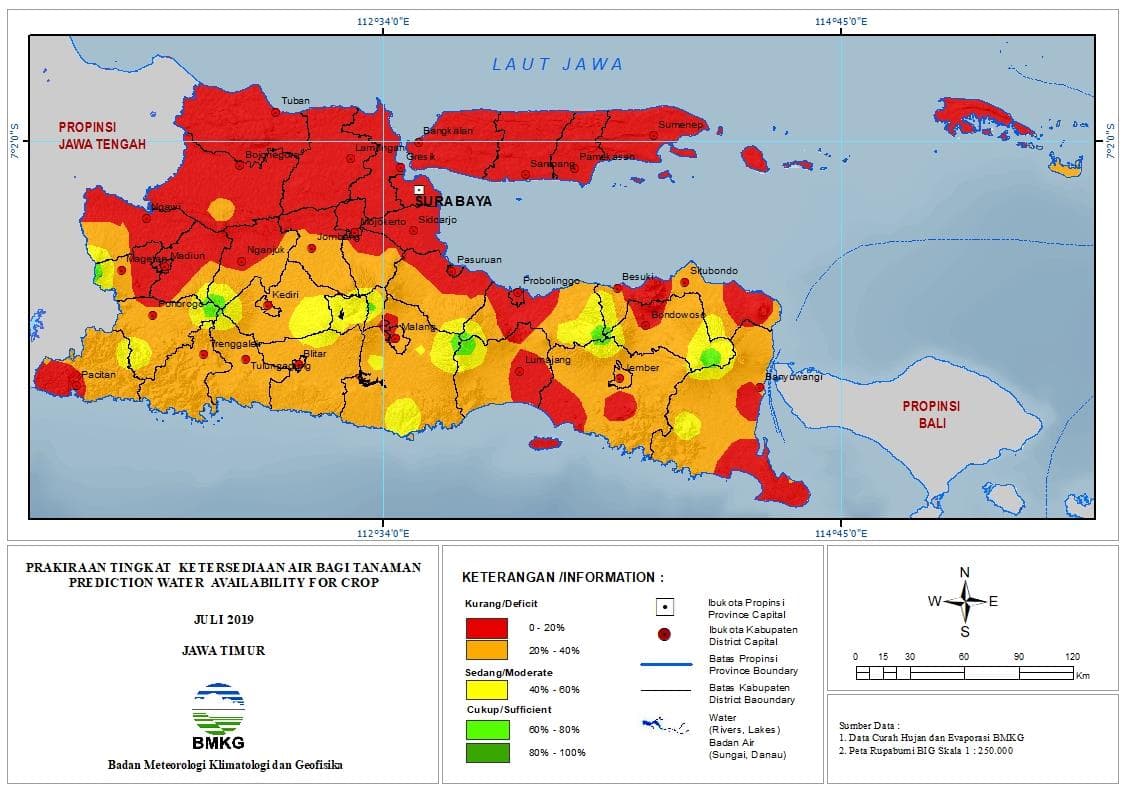 Prakiraan - Bulanan Tingkat Ketersediaan Air Bagi Tanaman di Jawa Timur Untuk Bulan JULI 2019 Update dari Analisis Bulan April 2019