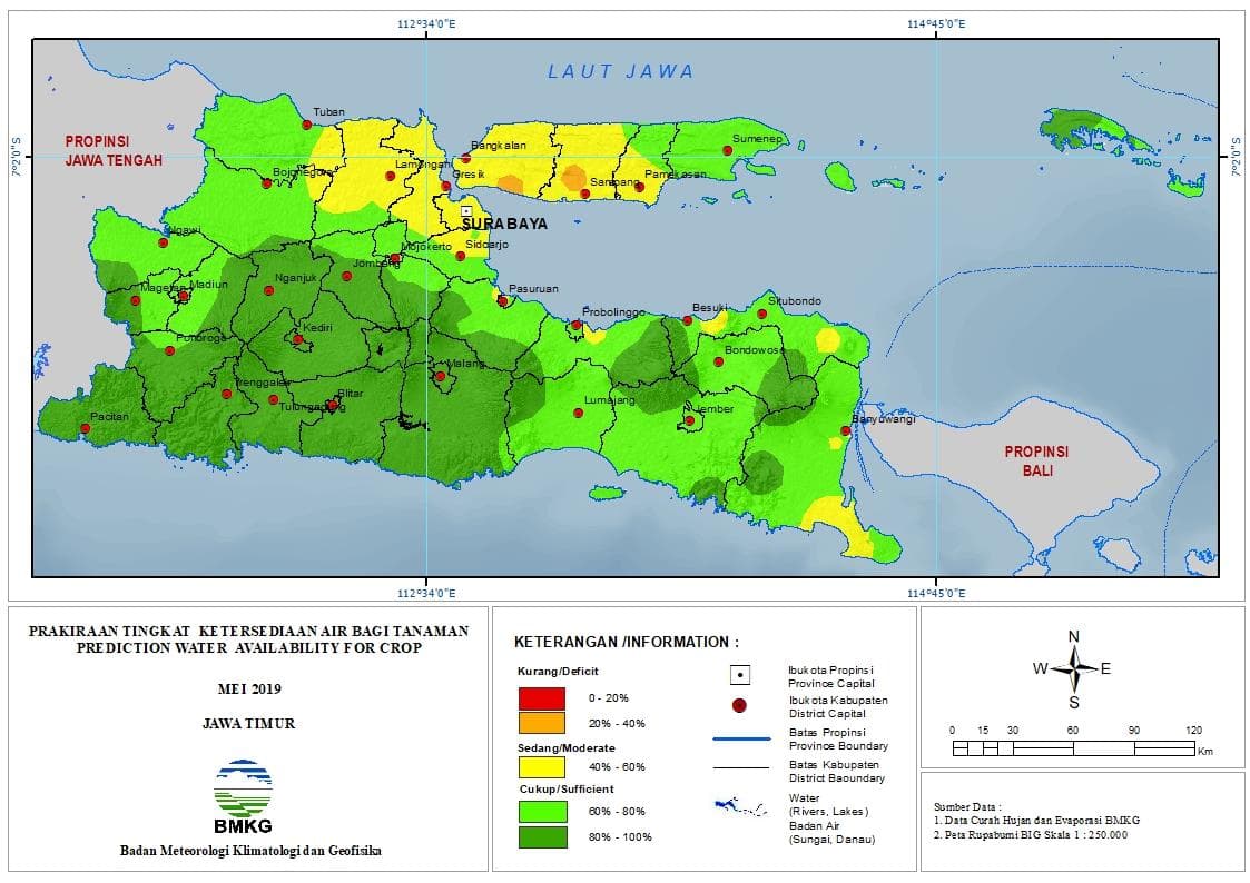Prakiraan Bulanan Tingkat Ketersediaan Air Bagi Tanaman di Provinsi Jawa Timur Bulan Mei Tahun 2019 Update dari Analisis Bulan Maret 2019