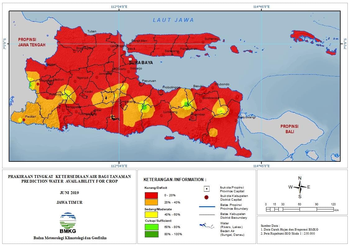 Prakiraan Bulanan Tingkat Ketersediaan Air Bagi Tanaman di Provinsi Jawa Timur Bulan Juni Tahun 2019 Update dari Analisis Bulan Maret 2019