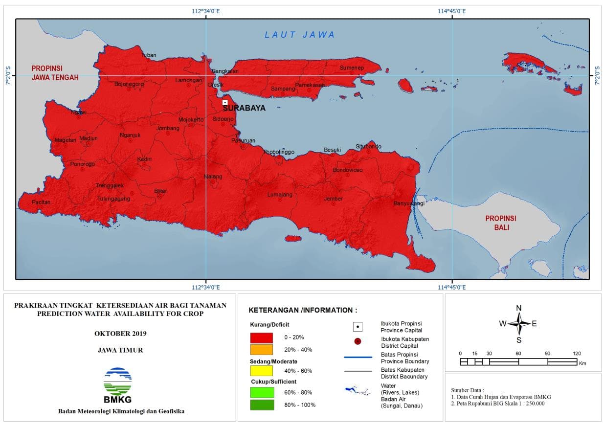 |Prakiraan - Bulanan| Tingkat Ketersediaan Air Bagi Tanaman di Jawa Timur Untuk Bulan OKTOBER 2019 Update dari Analisis Bulan Juli 2019