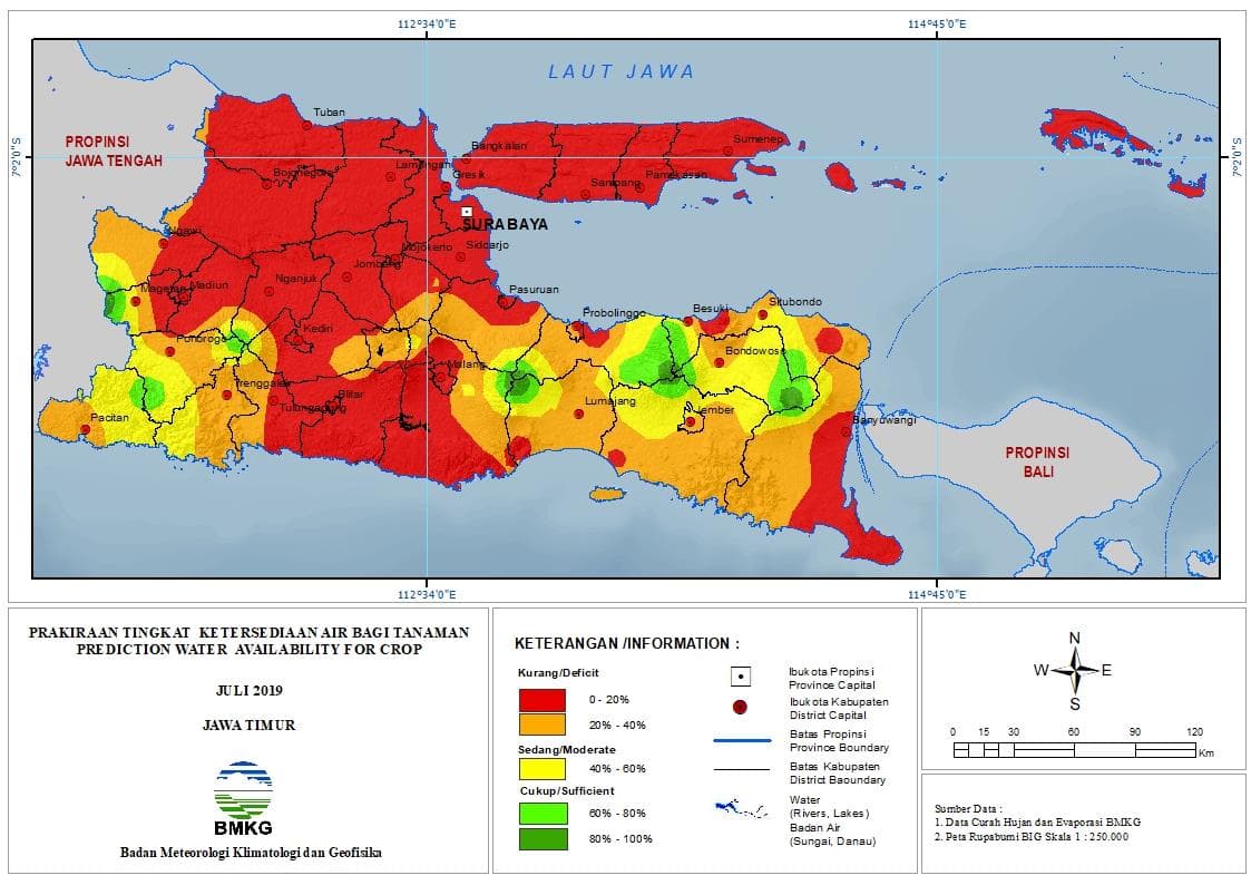 Prakiraan Bulanan Tingkat Ketersediaan Air Bagi Tanaman di Provinsi Jawa Timur Bulan Juli Tahun 2019 Update dari Analisis Bulan Maret 2019
