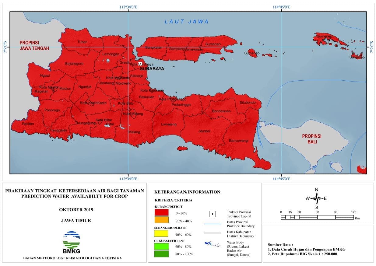 |Prakiraan - Bulanan| Tingkat Ketersediaan Air Bagi Tanaman di Jawa Timur Untuk Bulan OKTOBER 2019 Update dari Analisis Bulan Agustus 2019