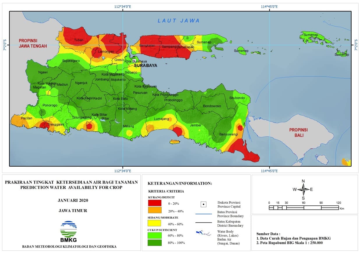 |Prakiraan - Bulanan| Tingkat Ketersediaan Air Bagi Tanaman di Jawa Timur Untuk Bulan JANUARI 2020 Update dari Analisis Bulan September 2019
