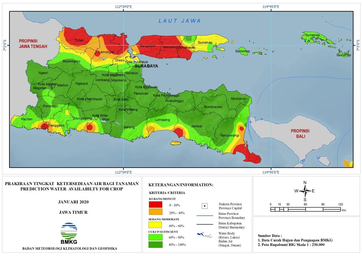 |Prakiraan - Bulanan| Tingkat Ketersediaan Air Bagi Tanaman di Jawa Timur Untuk Bulan JANUARI 2020 Update dari Analisis Bulan Oktober 2019