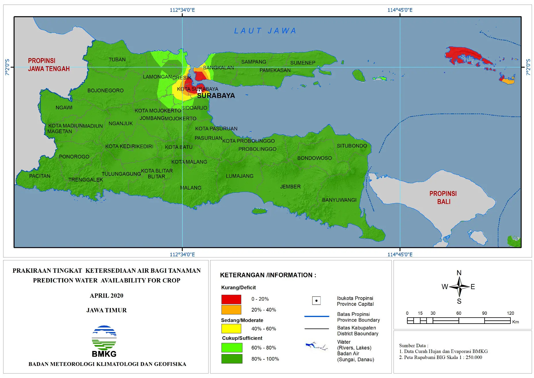 (Prakiraan - Bulanan) Tingkat Ketersediaan Air Bagi Tanaman di Jawa Timur Untuk Bulan APRIL 2020 Update dari Analisis Bulan Februari 2020
