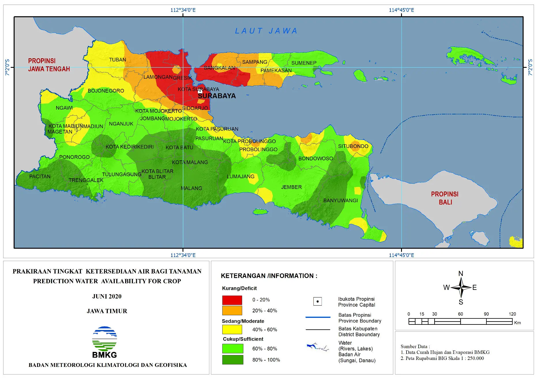 (Prakiraan - Bulanan) Tingkat Ketersediaan Air Bagi Tanaman di Jawa Timur Untuk Bulan JUNI 2020 Update dari Analisis Bulan Februari 2020