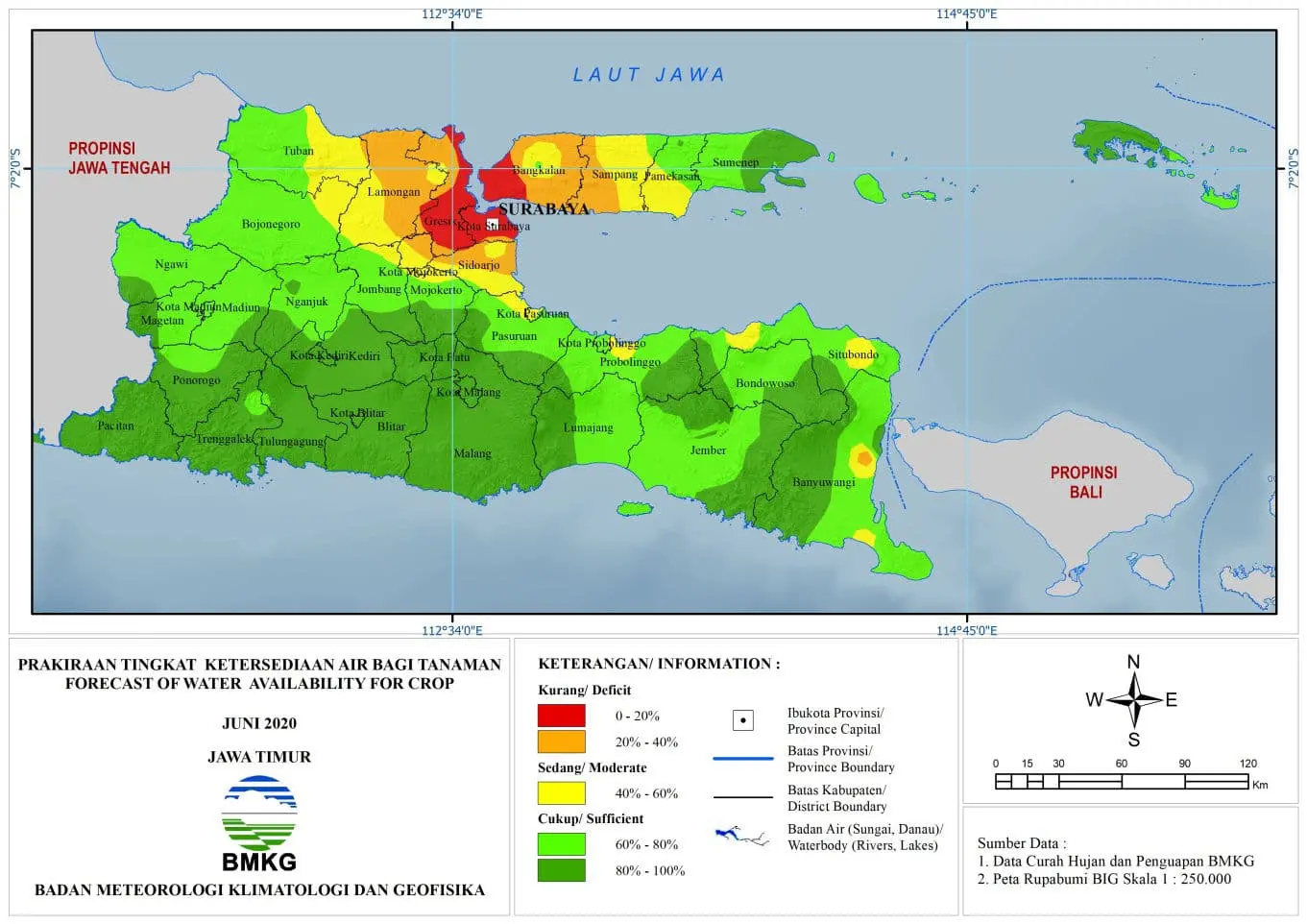 (Prakiraan - Bulanan) Tingkat Ketersediaan Air Bagi Tanaman di Jawa Timur Untuk Bulan JUNI Tahun 2020 Update dari Analisis Bulan Maret 2020